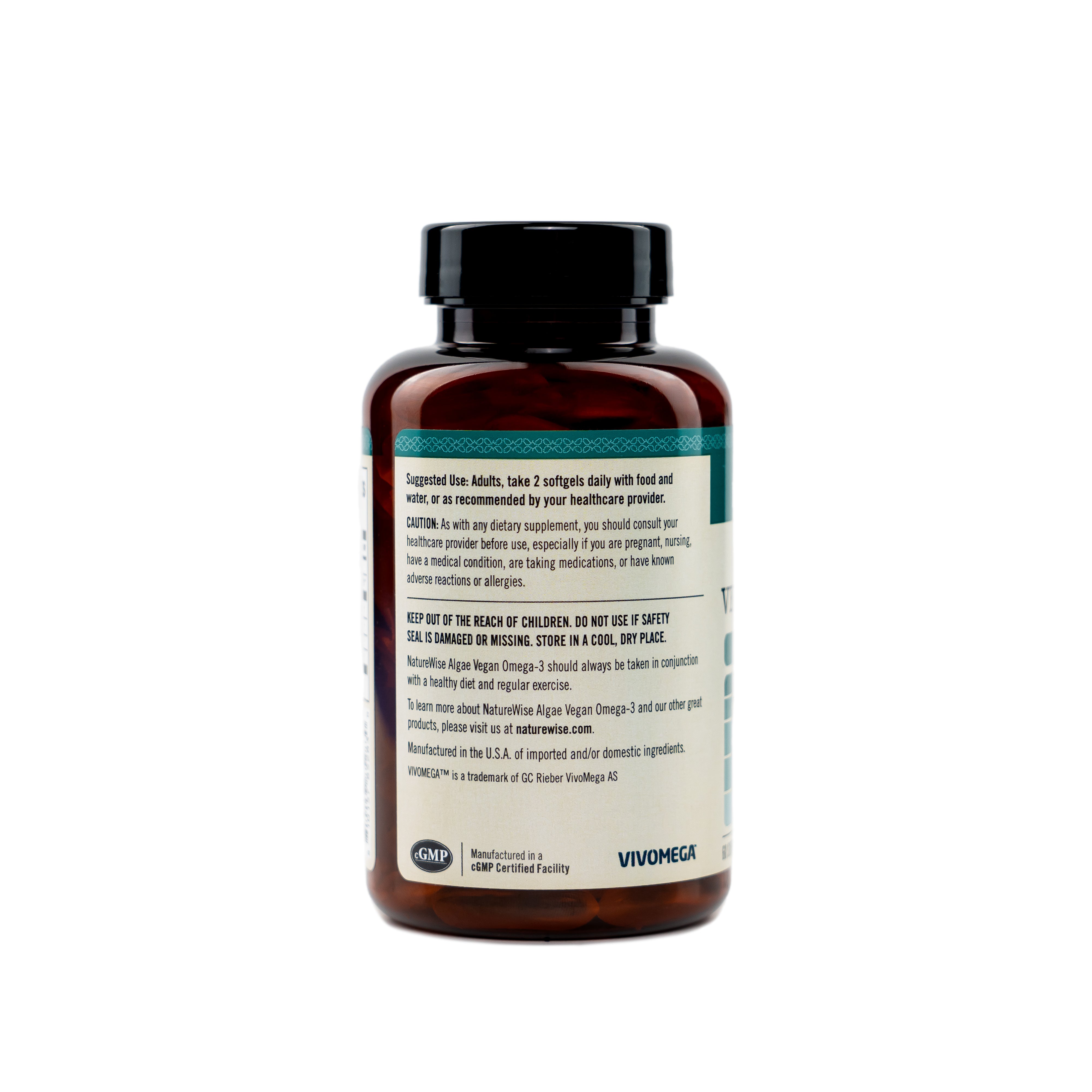 Naturewise Algae Vegan Omega-3 supplement bottle with suggest use label on a white background
