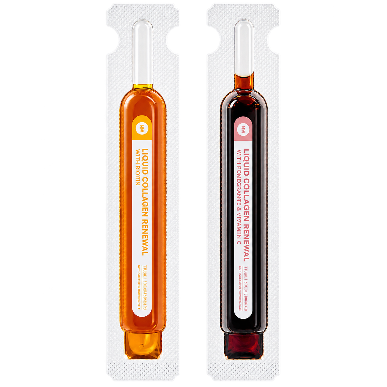 Two single-use liquid collagen ampoules in individual clear plastic packaging on a white background. The left ampoule contains an amber-colored liquid with a white label, and the right ampoule contains a dark reddish-brown liquid with a pink label.