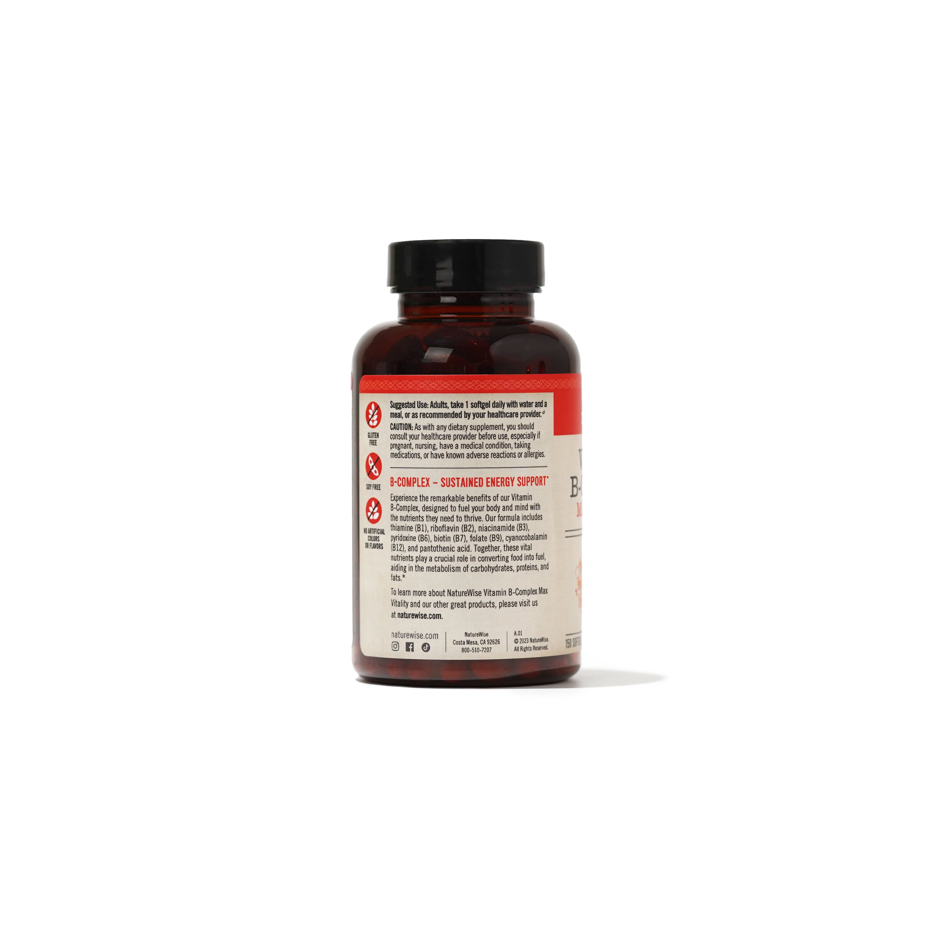 A bottle of Vitamin B Complex 150 count with its suggested usage against a white background