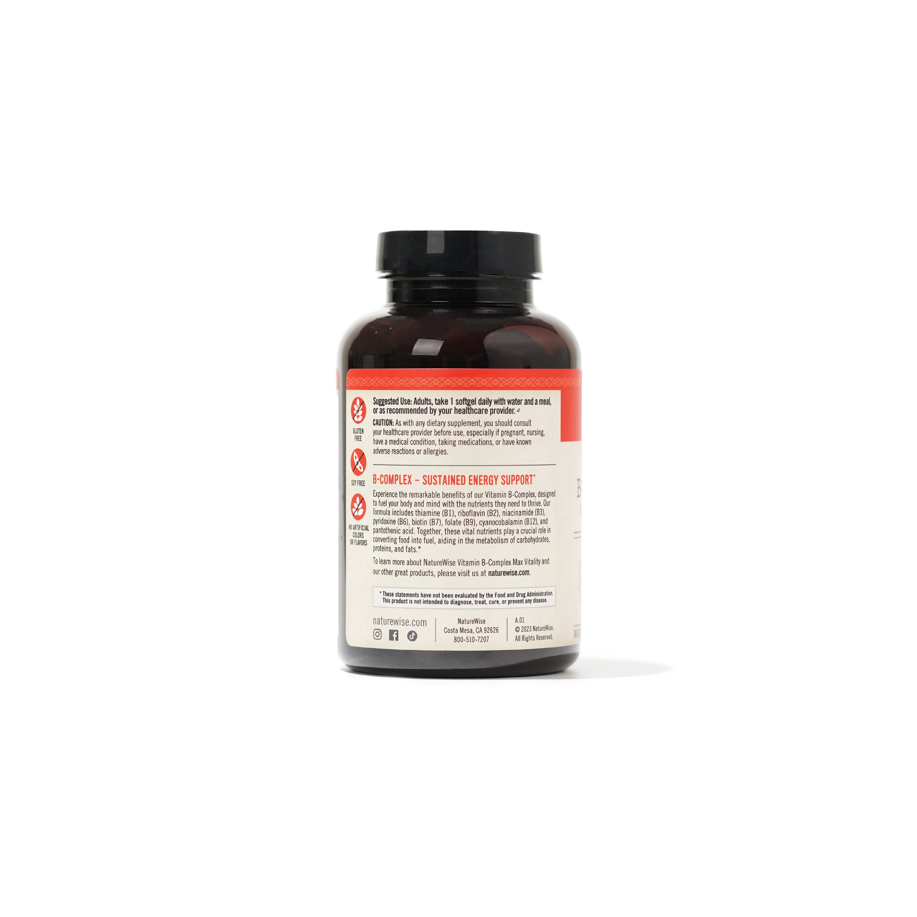 A bottle of Vitamin B Complex 360 count with its suggested usage against a white background