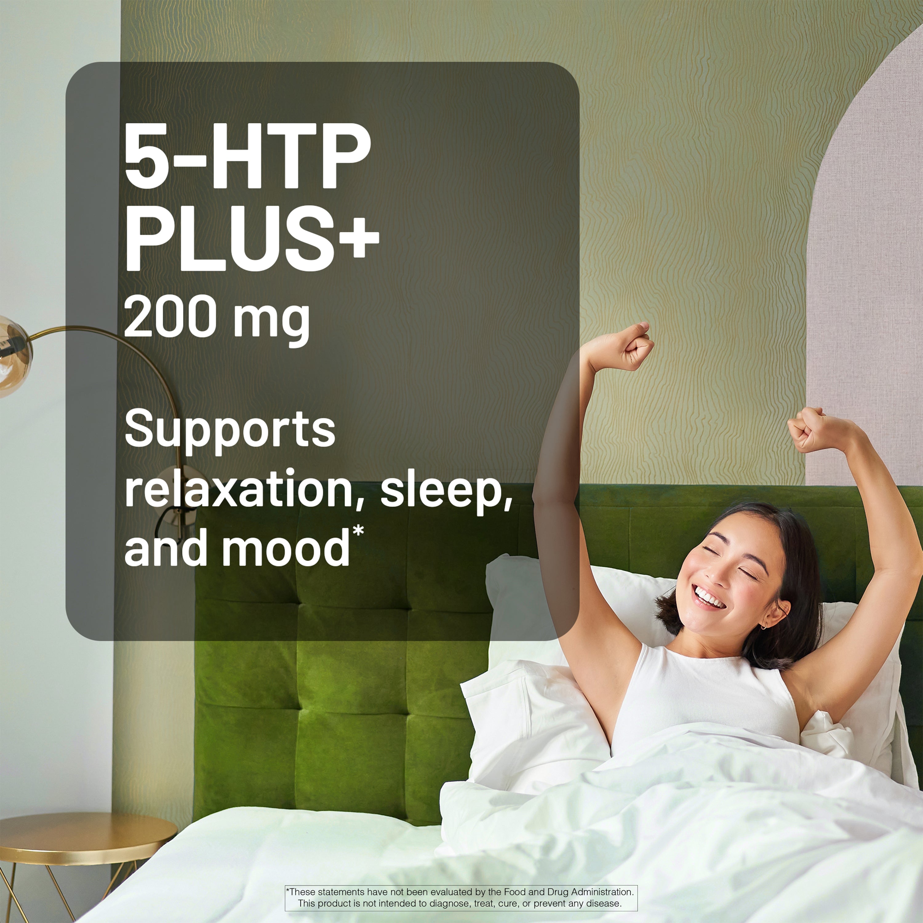 Woman in bed with 5-HTP Plus+ advertisement text overlay