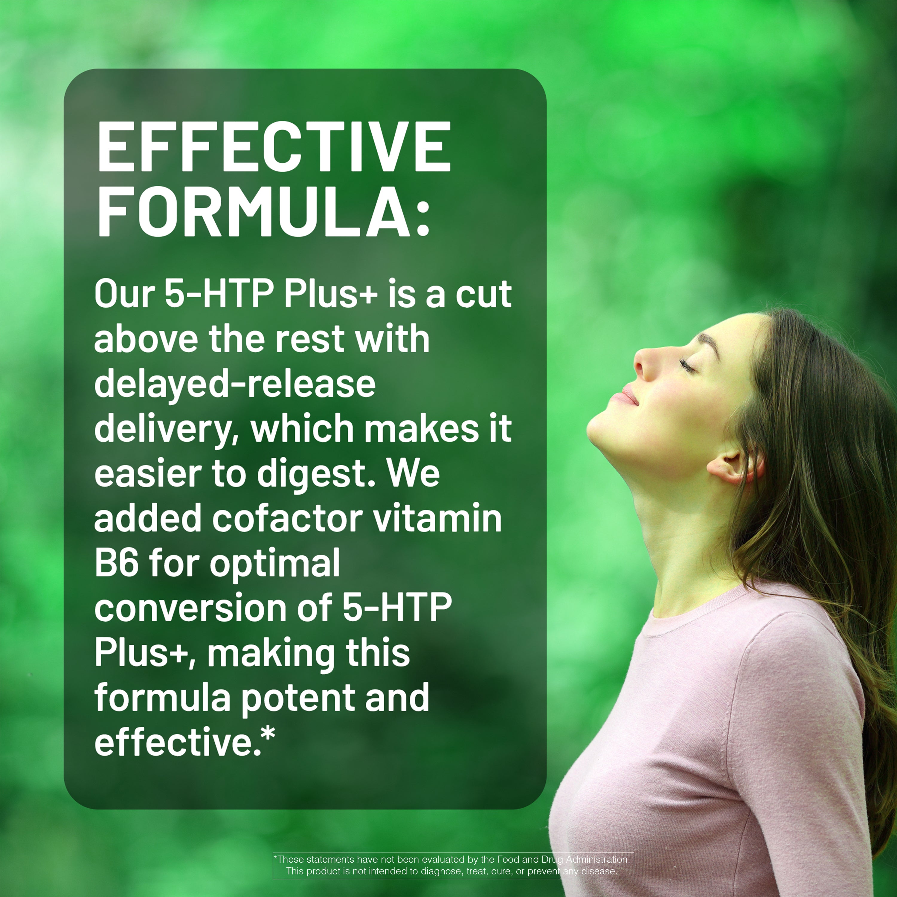 Woman with green background and text about 5-HTP Plus+ supplement