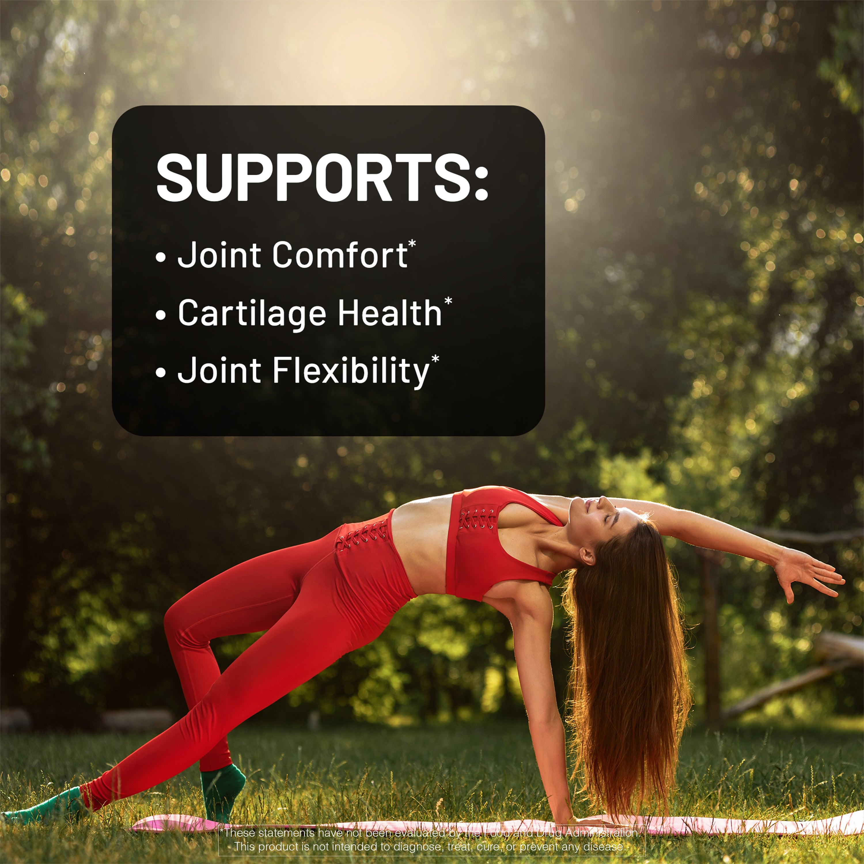 Woman in red athletic wear stretching outdoors with text overlay about joint health benefits.