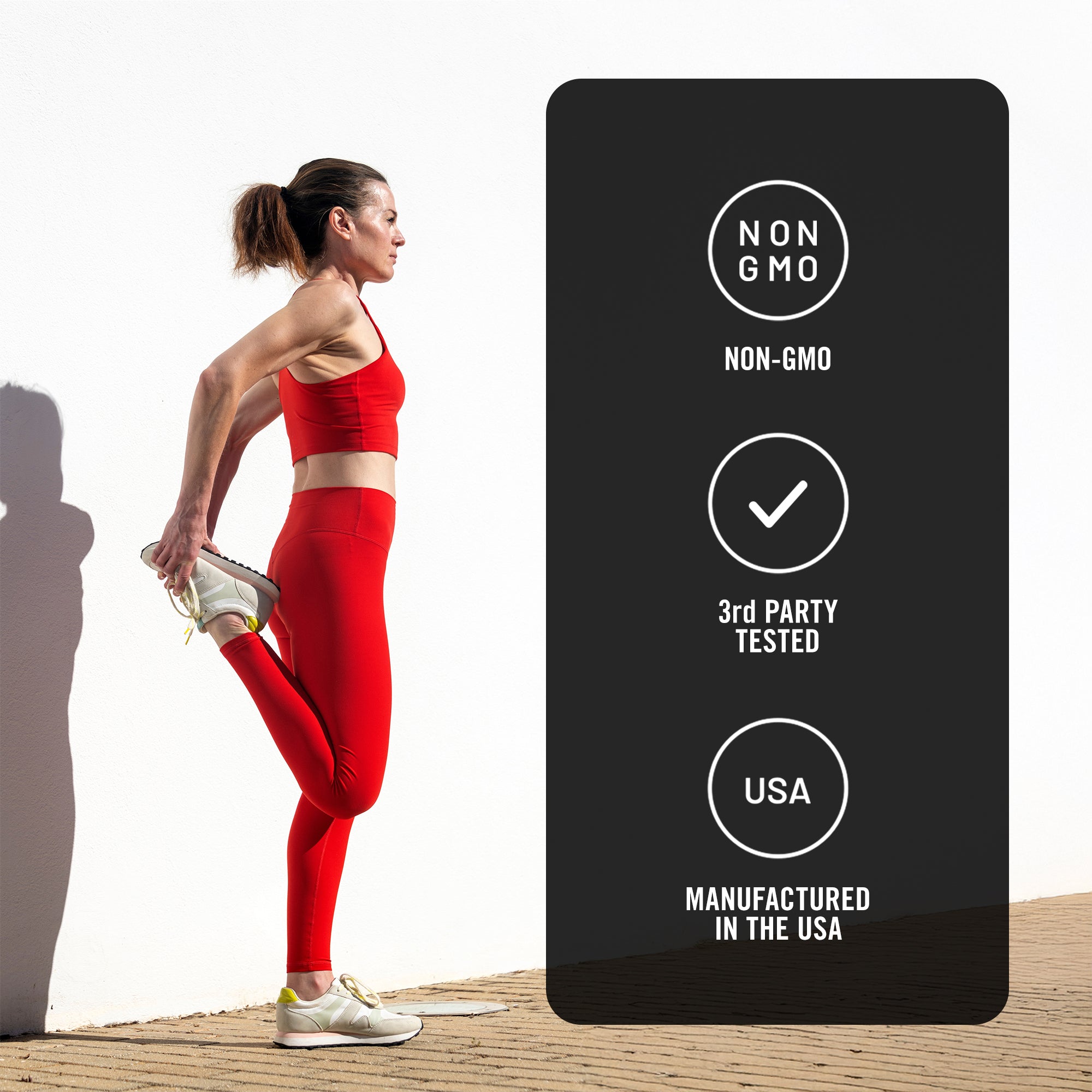 Woman in red athletic wear stretching with a black label indicating non-GMO, third-party tested, and USA manufacturing.