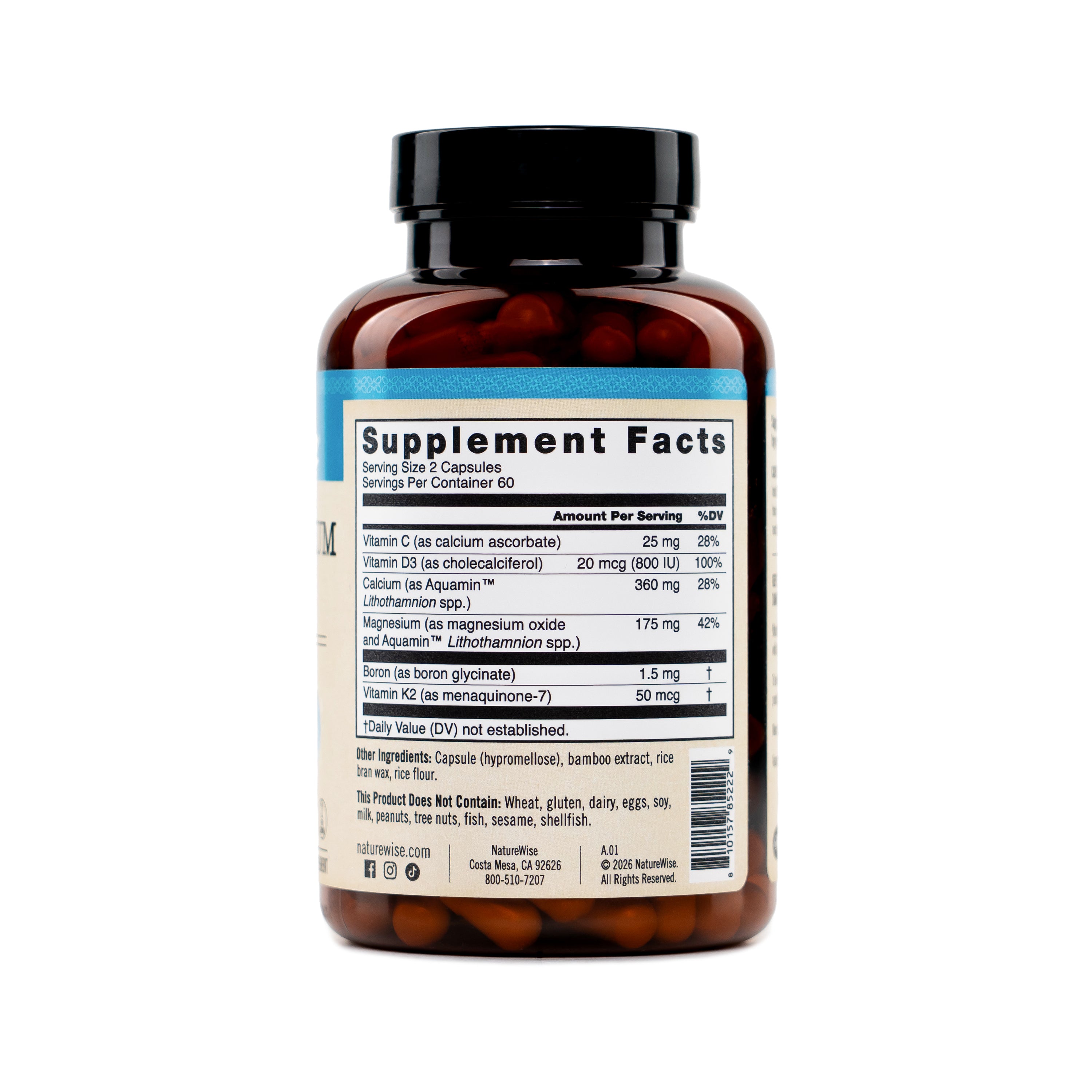 NatureWise Algae Calcium Plus supplement bottle with label showing 'Supplement Facts' on a white background