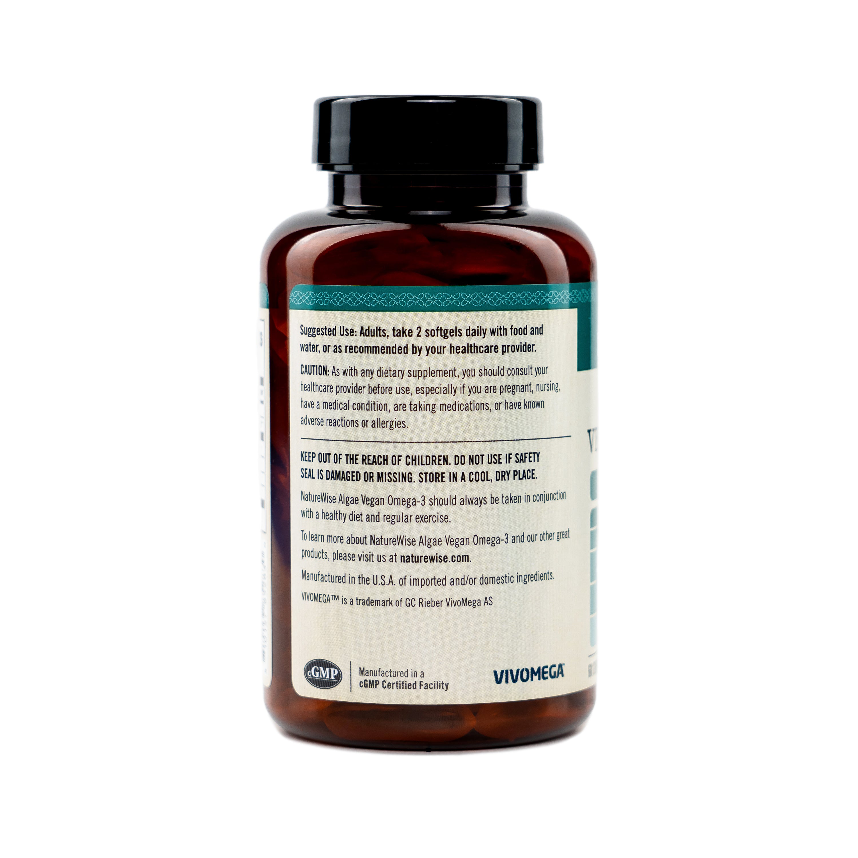 Naturewise Algae Vegan Omega-3 supplement bottle with suggest use label on a white background