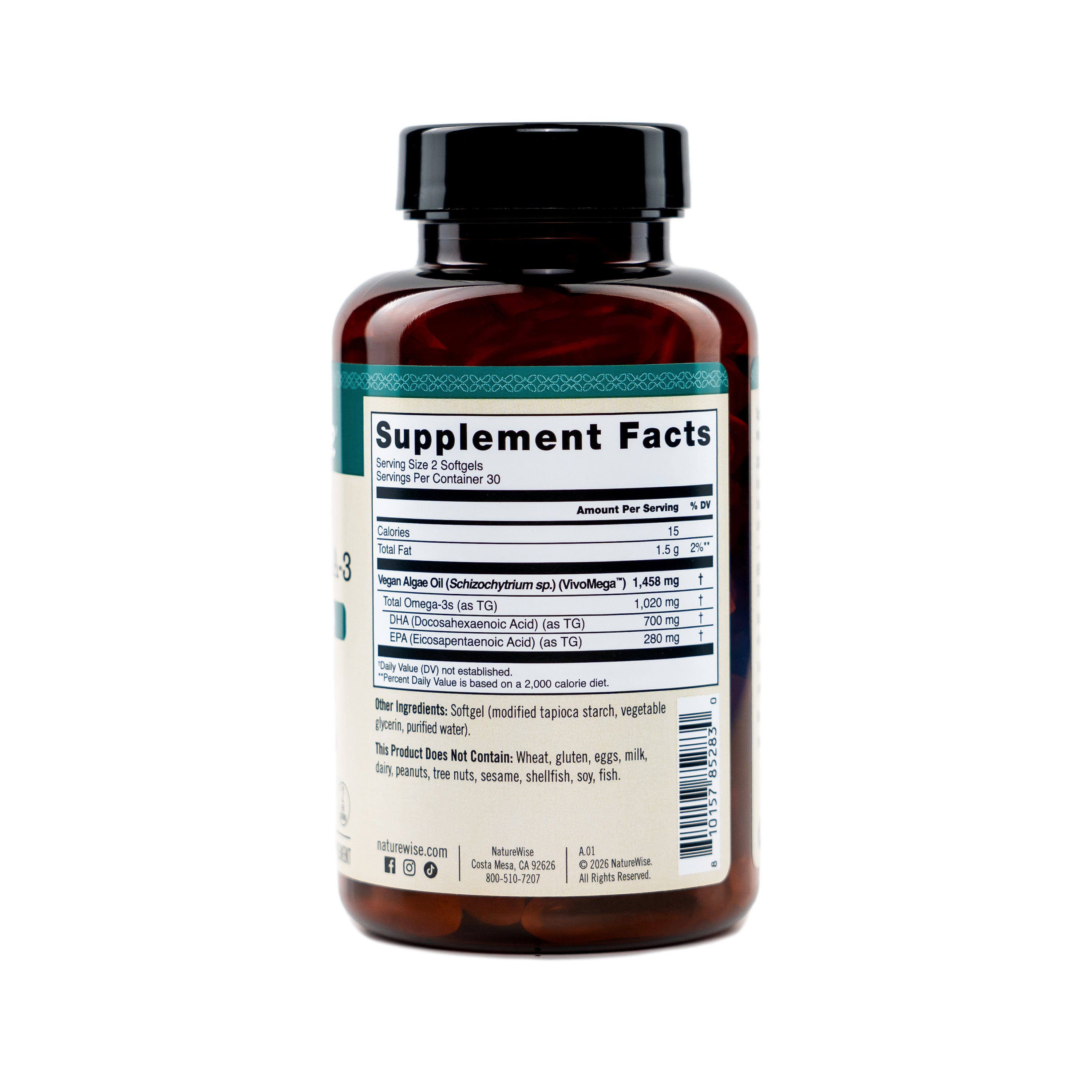 Naturewise Algae Vegan Omega-3 supplement bottle with supplement fact label on a white background