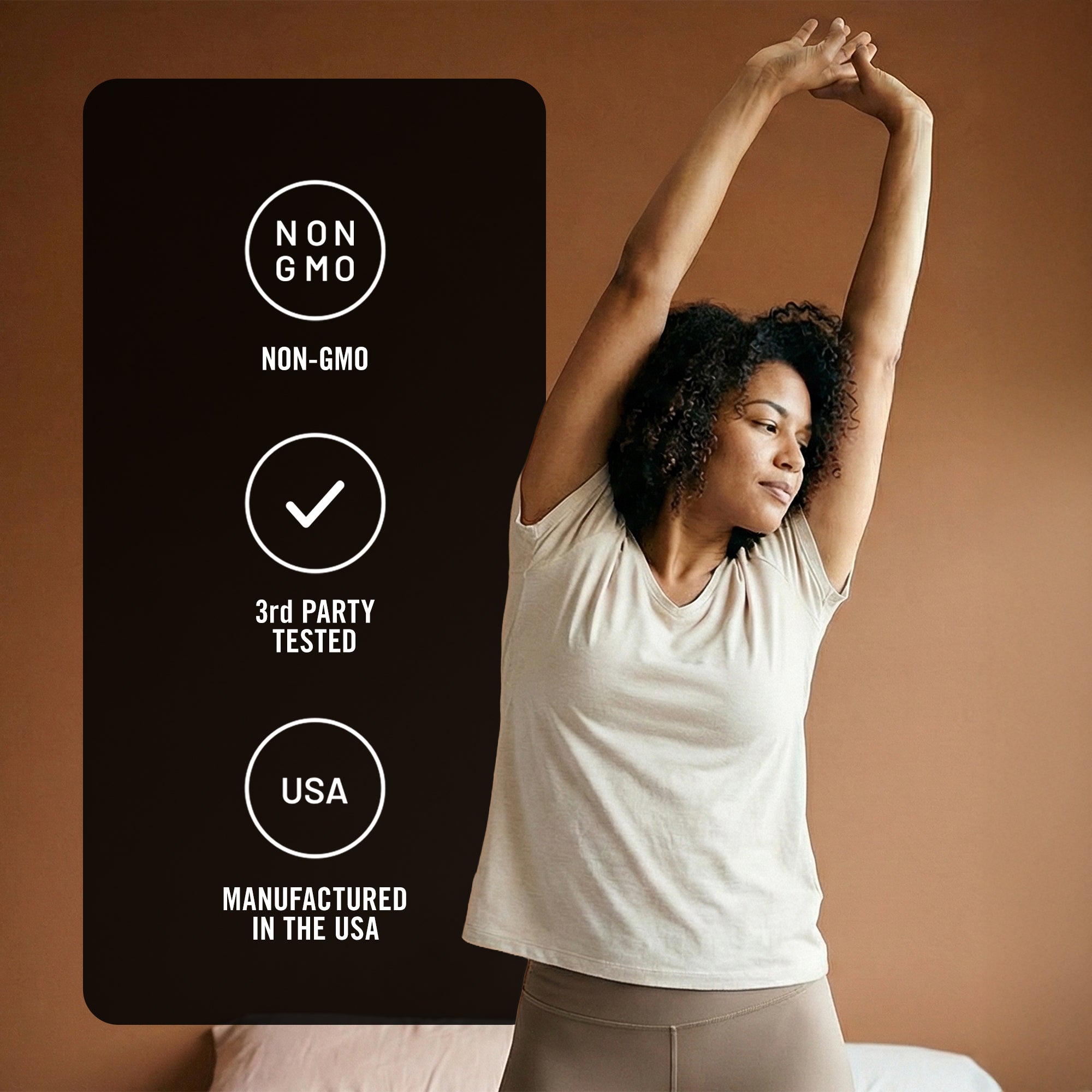 Woman stretching with a black panel displaying certification icons on a brown background