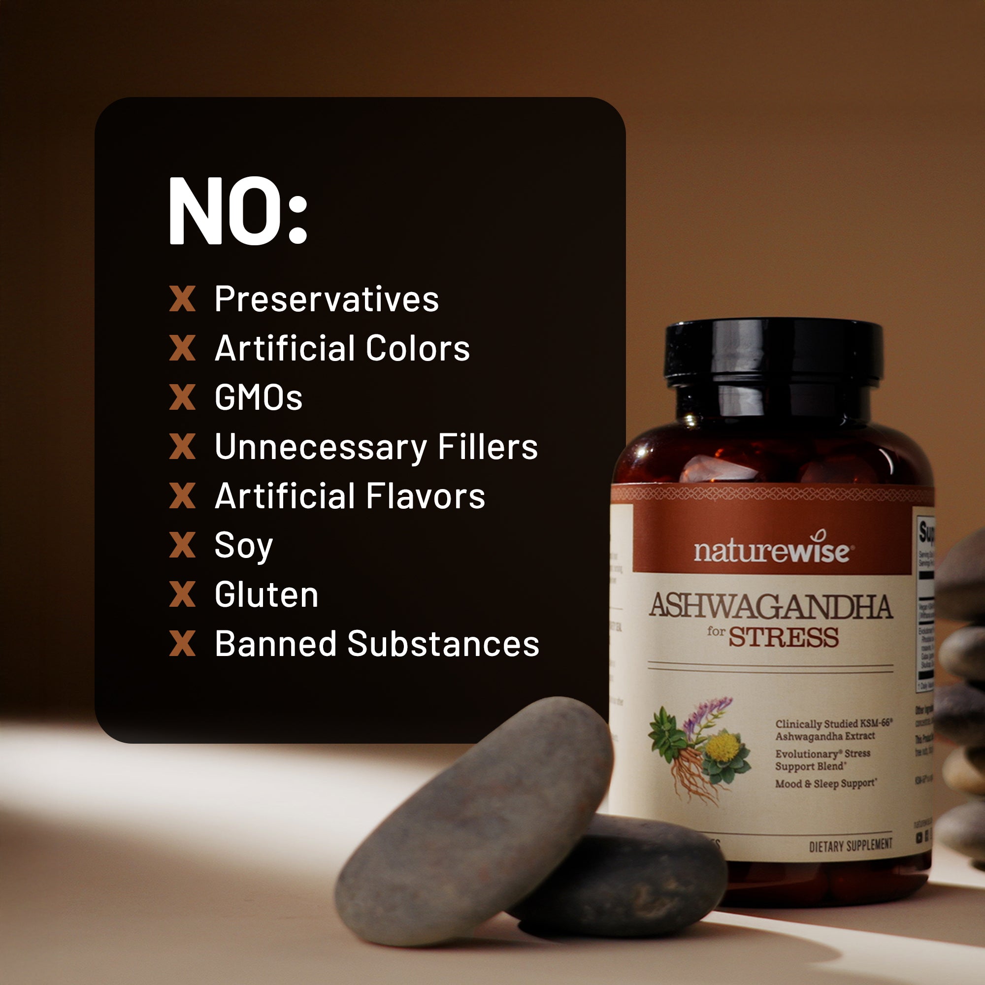 Naturewise Ashwagandha for Stress supplement bottle with a list of no ingredients on a brown background
