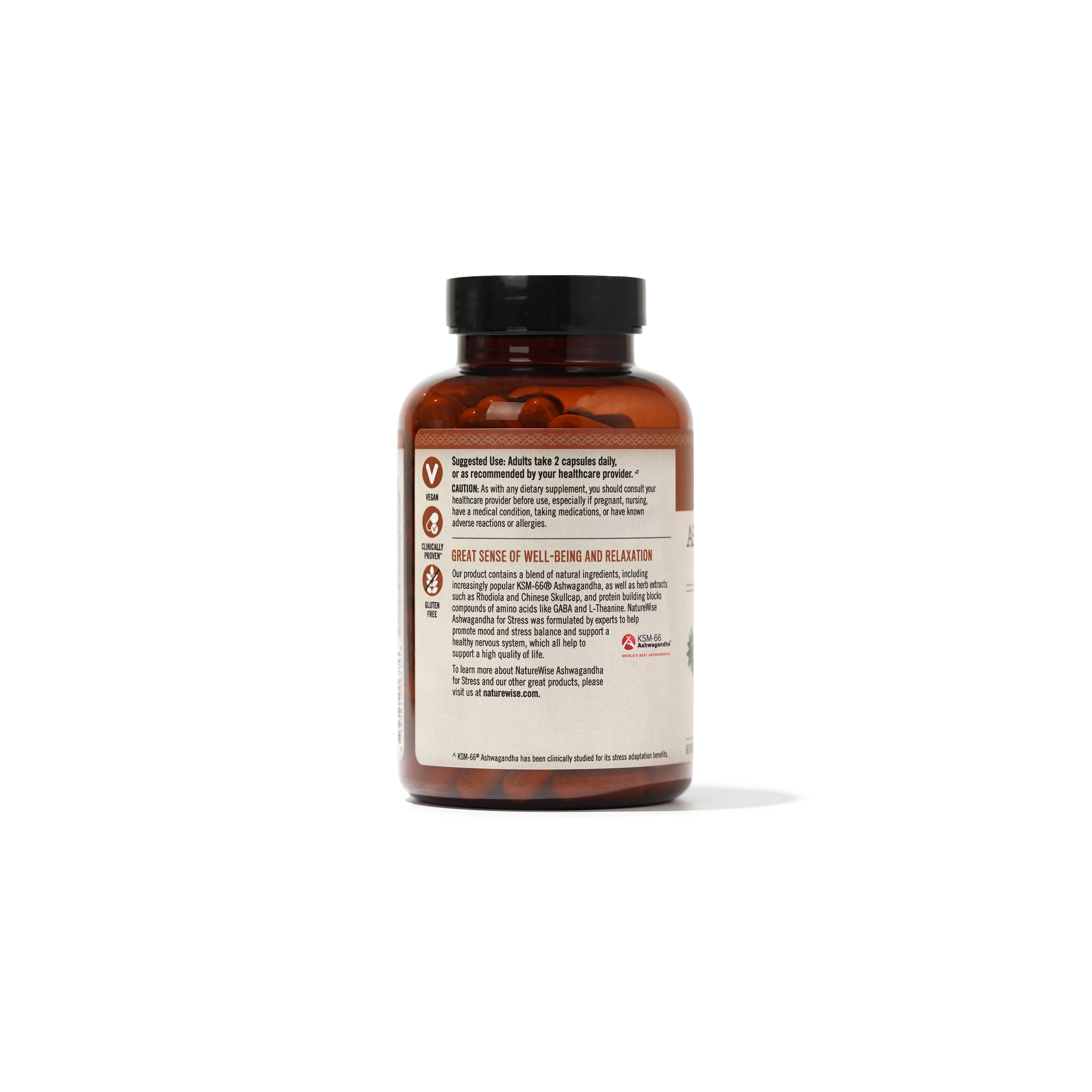 NatureWise Ashwagandha supplement side of bottle for suggested use.