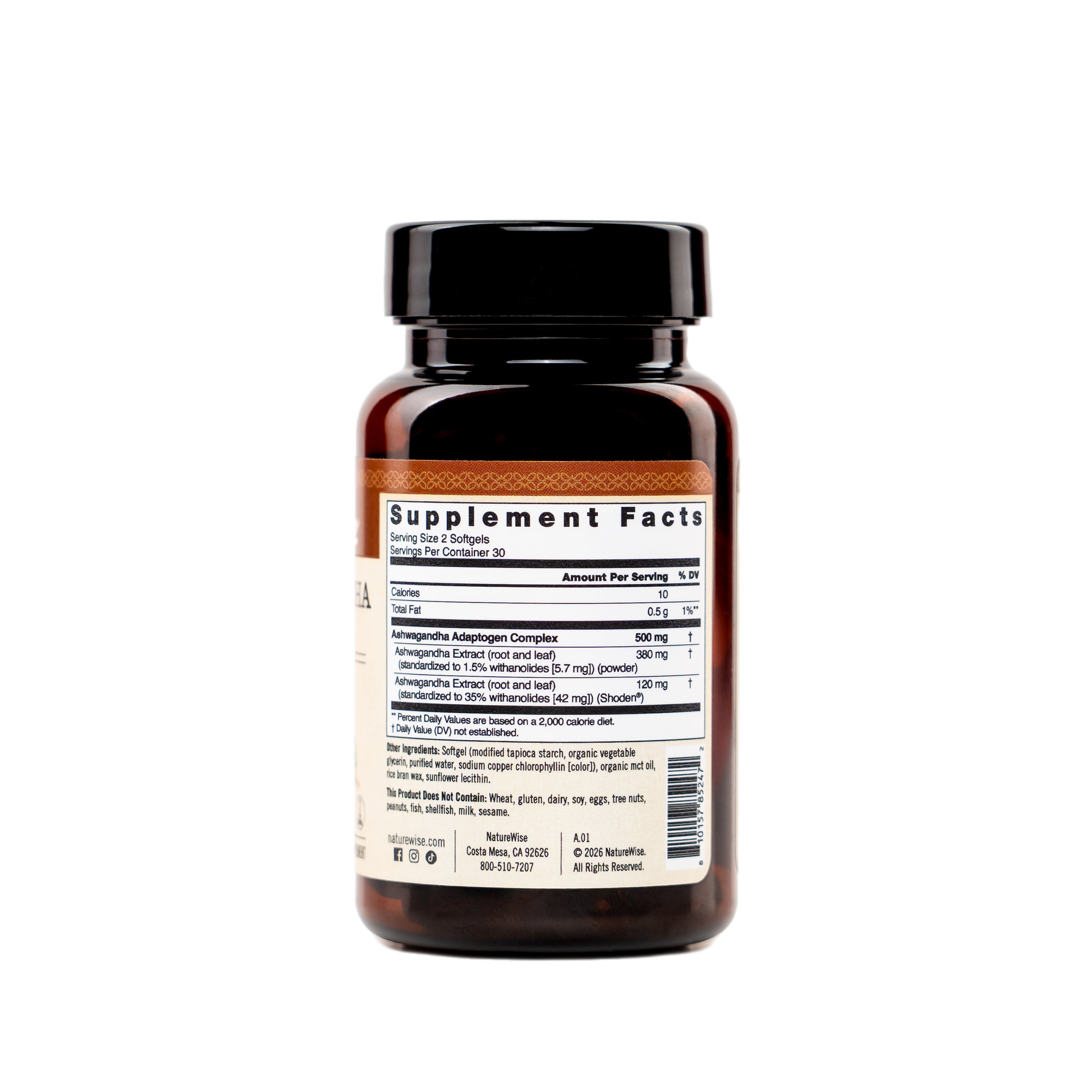 Naturewise Ashwagandha 500 mg supplement bottle with supplement fact label on a white background