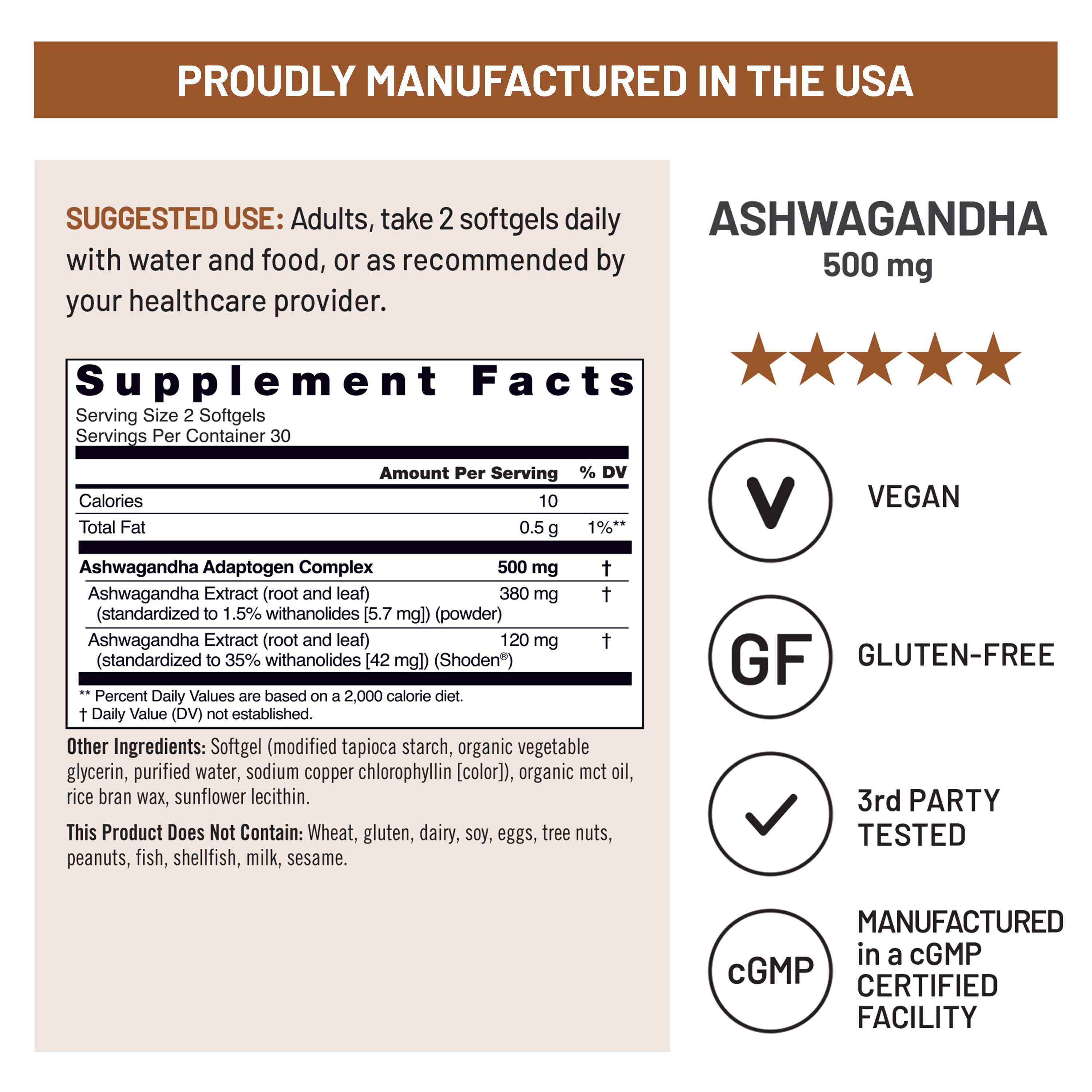 Supplement label for NatureWise Ashwagandha with supplement facts and product details.