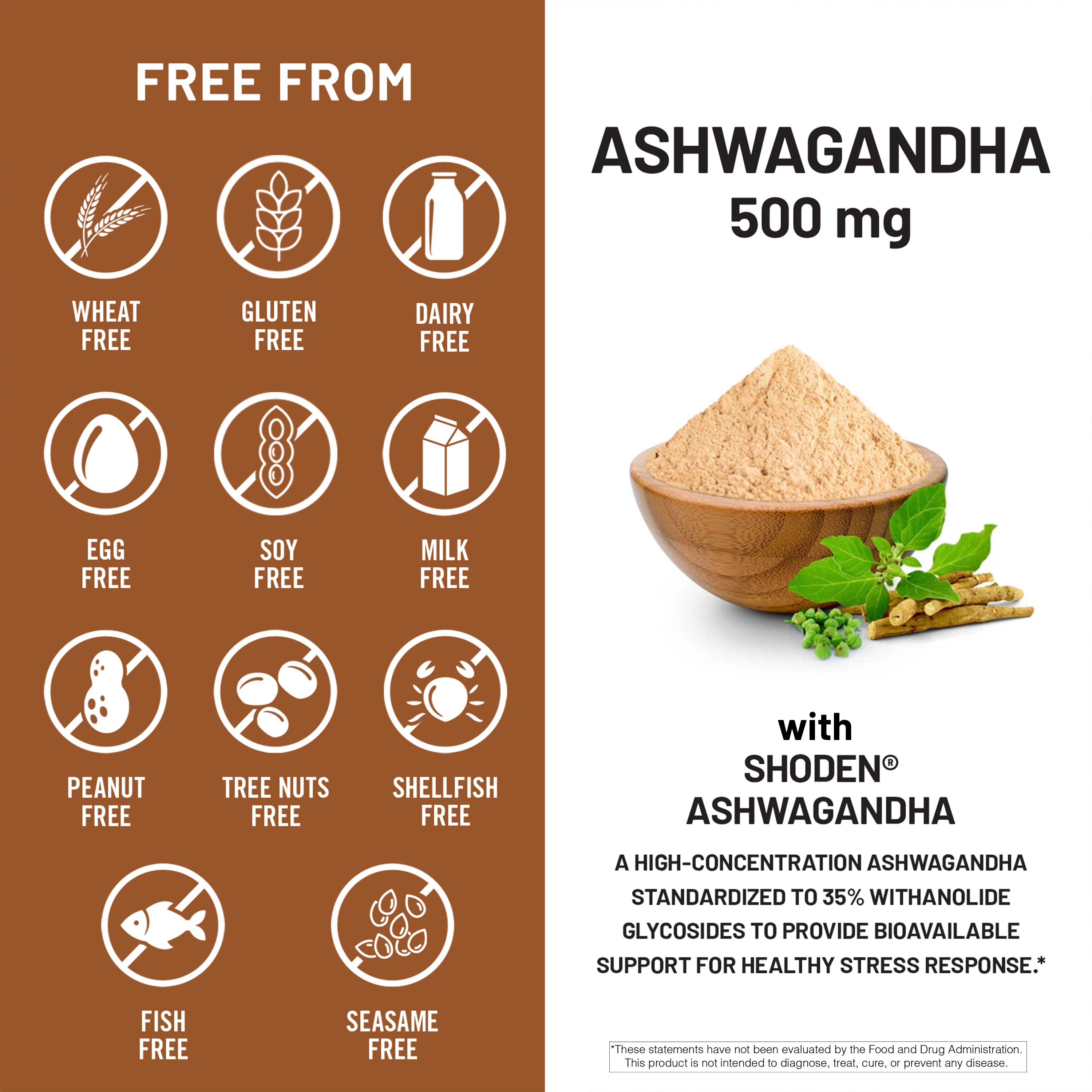 Product information graphic for Ashwagandha 500 mg softgels. The left side is a brown panel with white icons indicating the product is free from wheat, gluten, dairy, eggs, soy, milk, peanut, tree nuts, shellfish, fish, and sea samse.