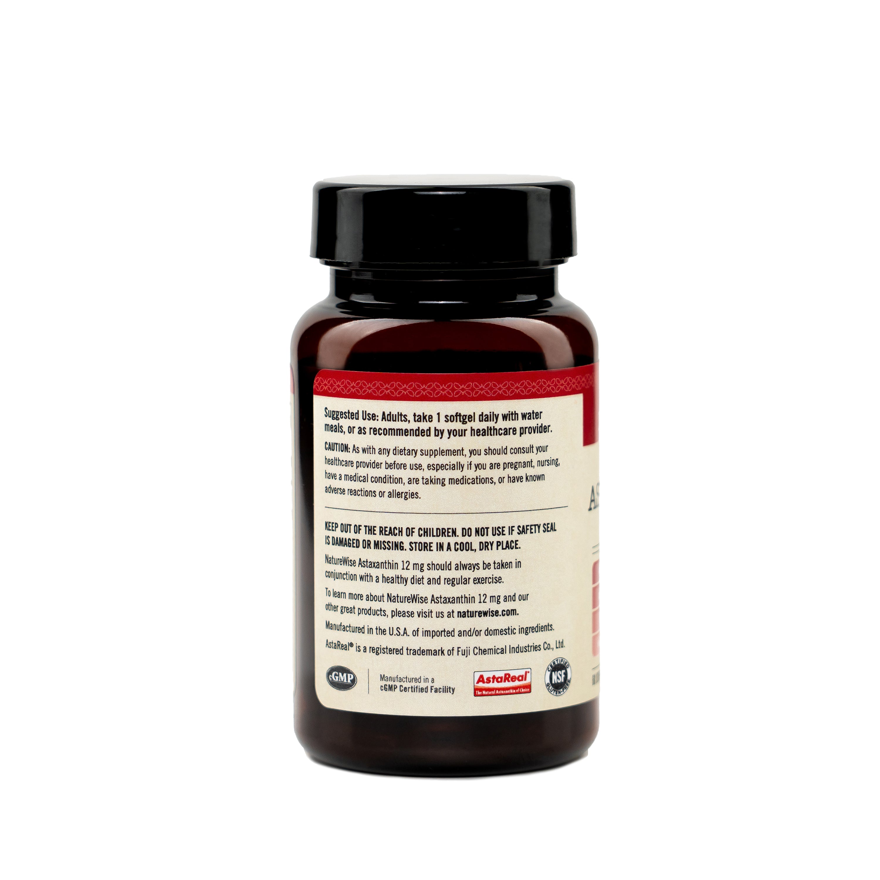 Astaxanthin supplement bottle with label on a white background