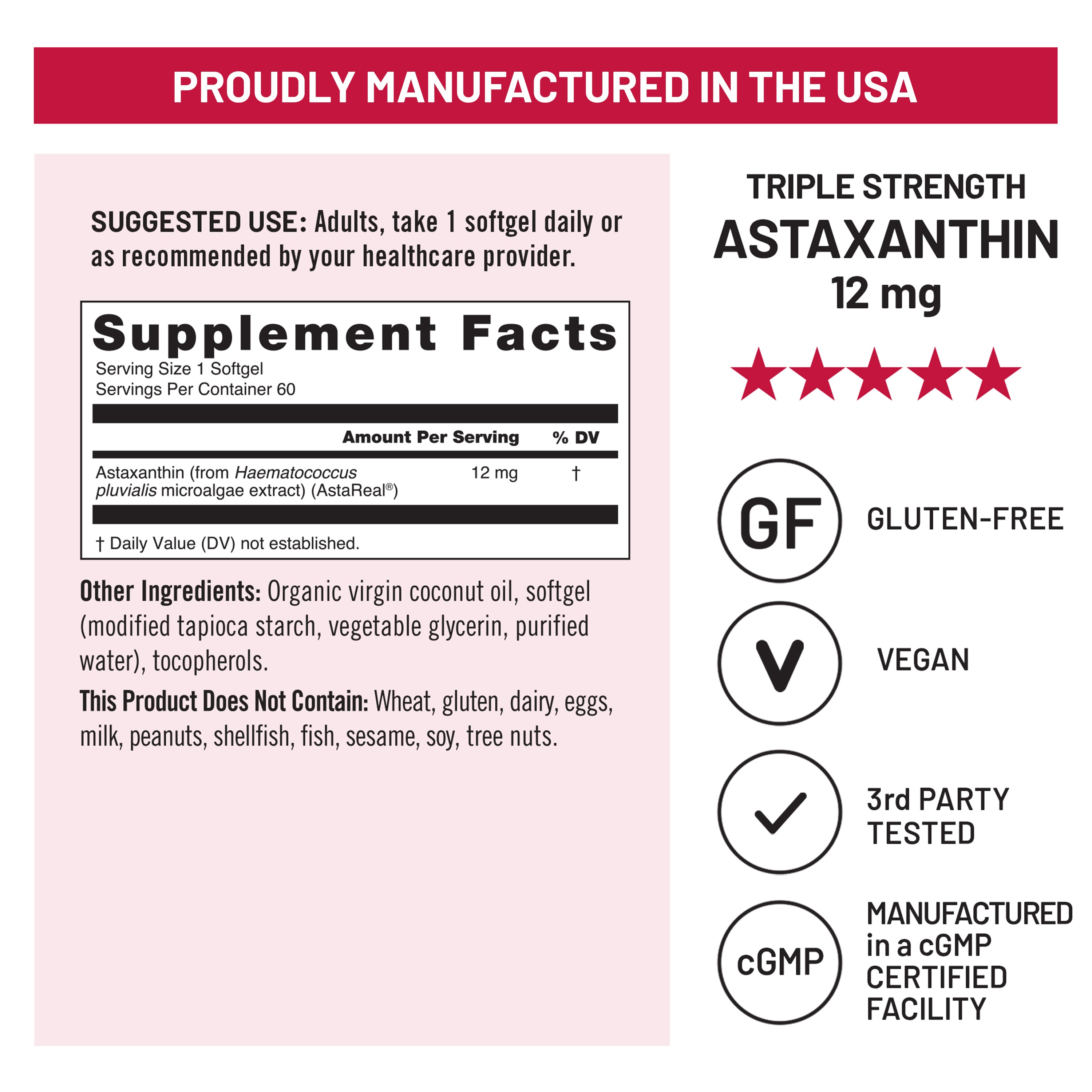 NatureWise Triple strength astaxanthin supplement facts with vegan and gluten free logos.