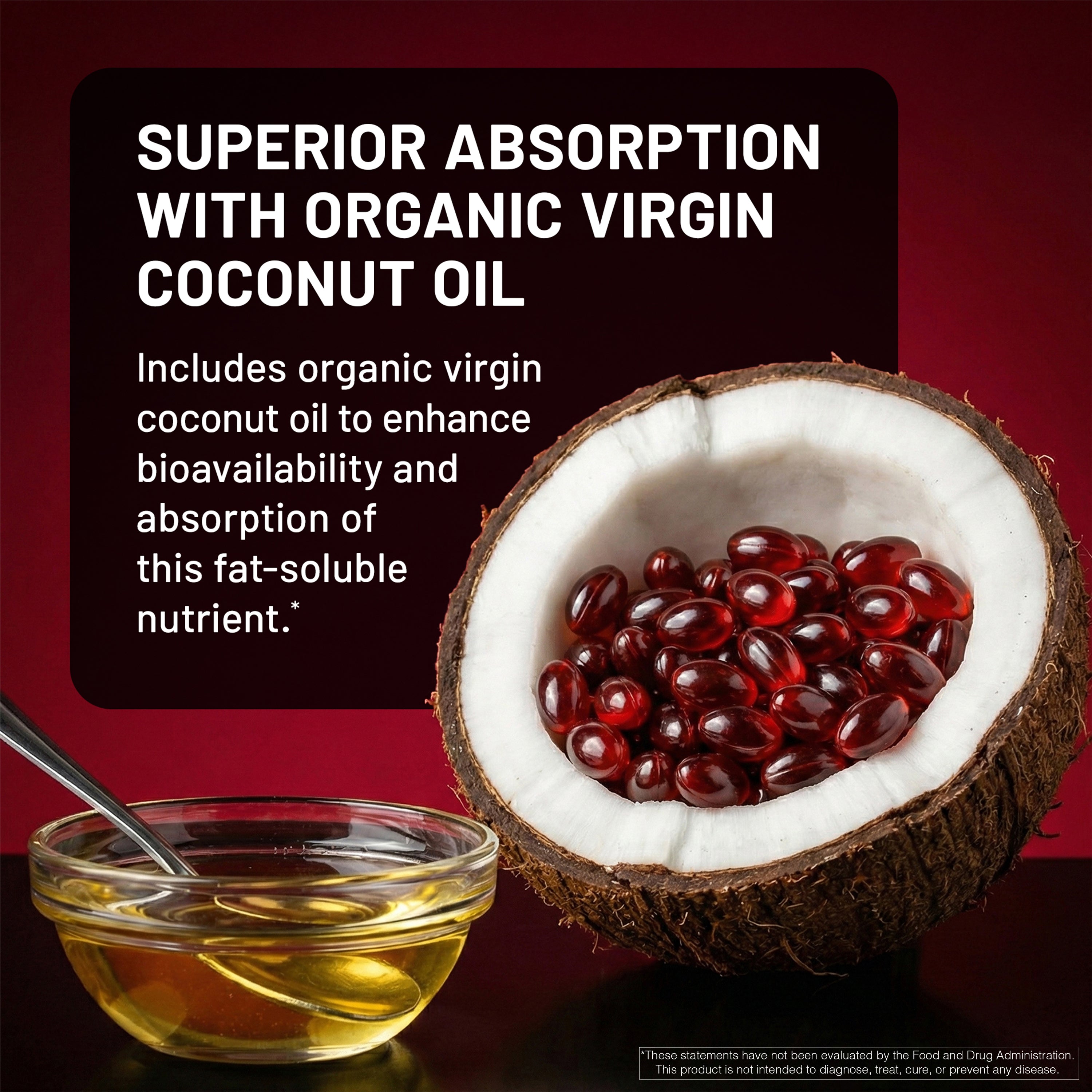 Coconut oil and red astaxanthin softgels with text on a dark background