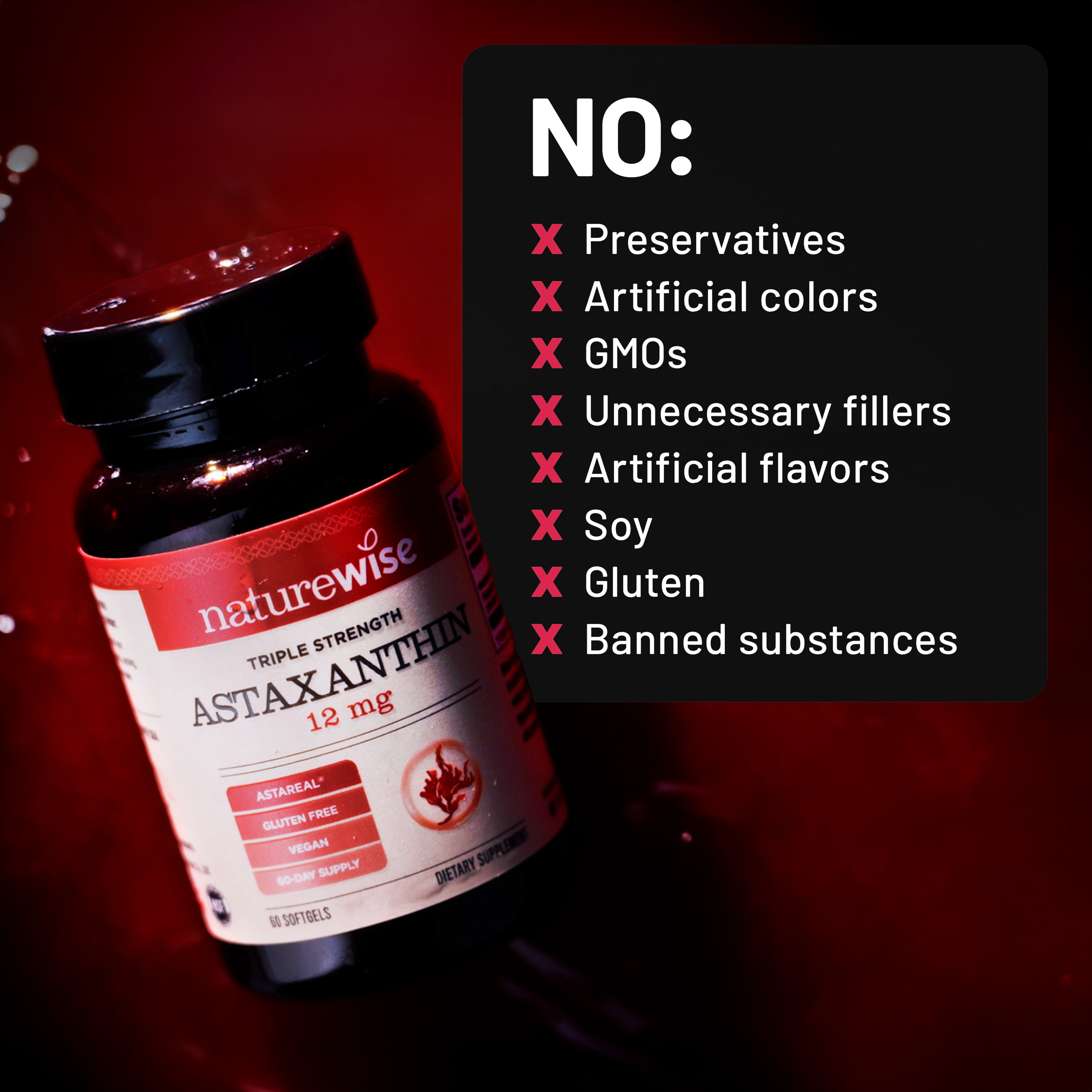 NatureWise Astaxanthin supplement bottle with a list of 'No' items on a dark background