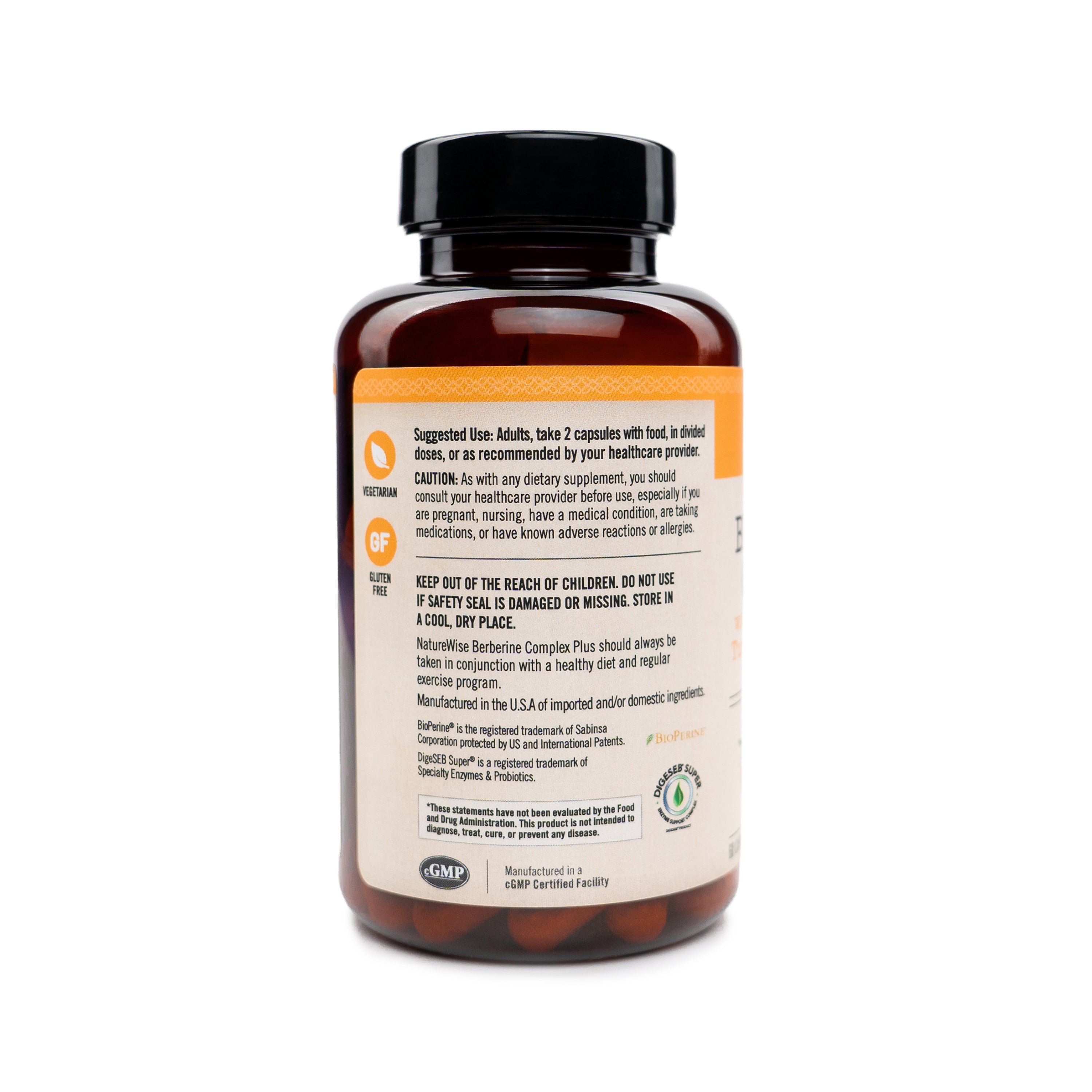 Berberine supplement bottle with label on a white background
