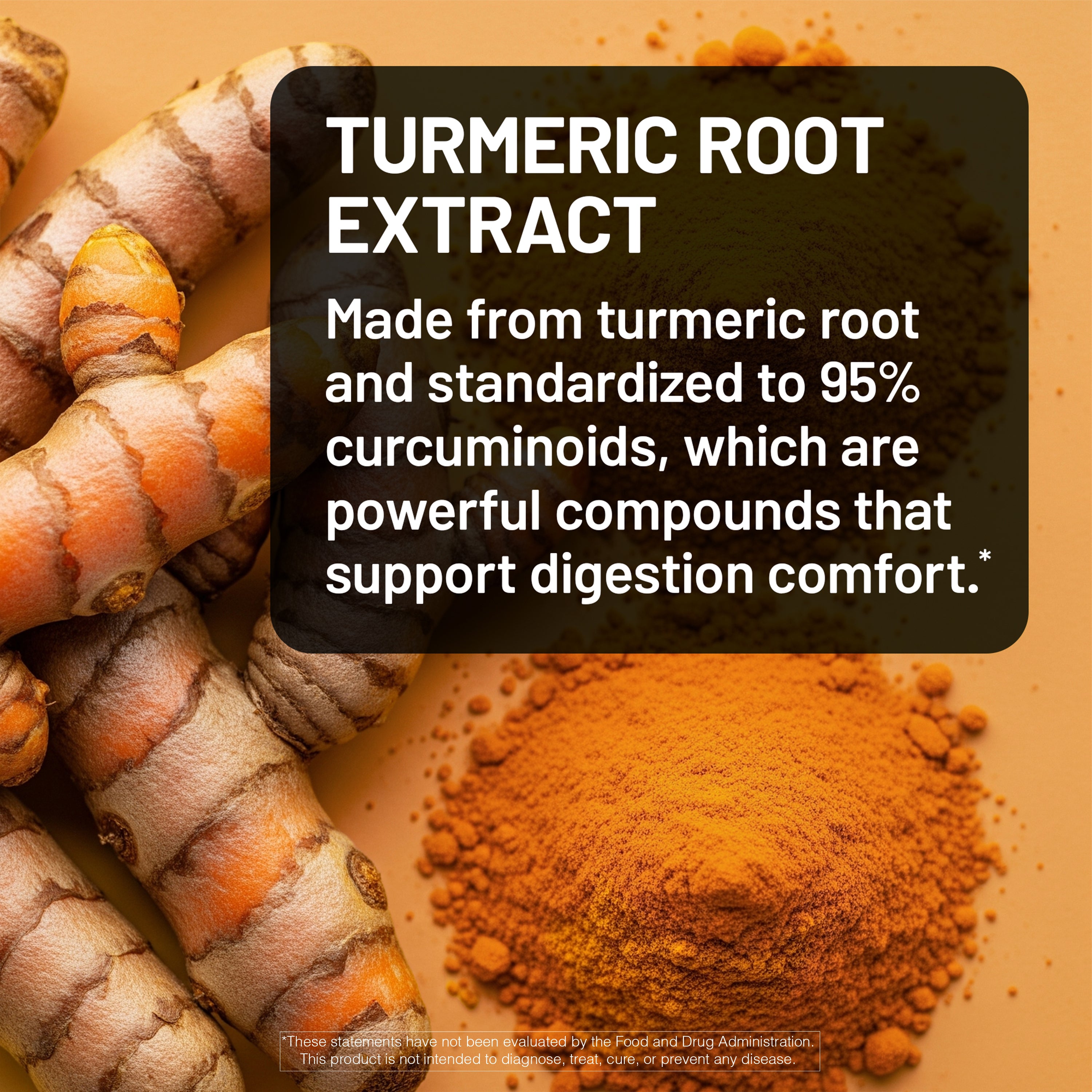 Turmeric root and turmeric powder with text about turmeric root extract on a brown background