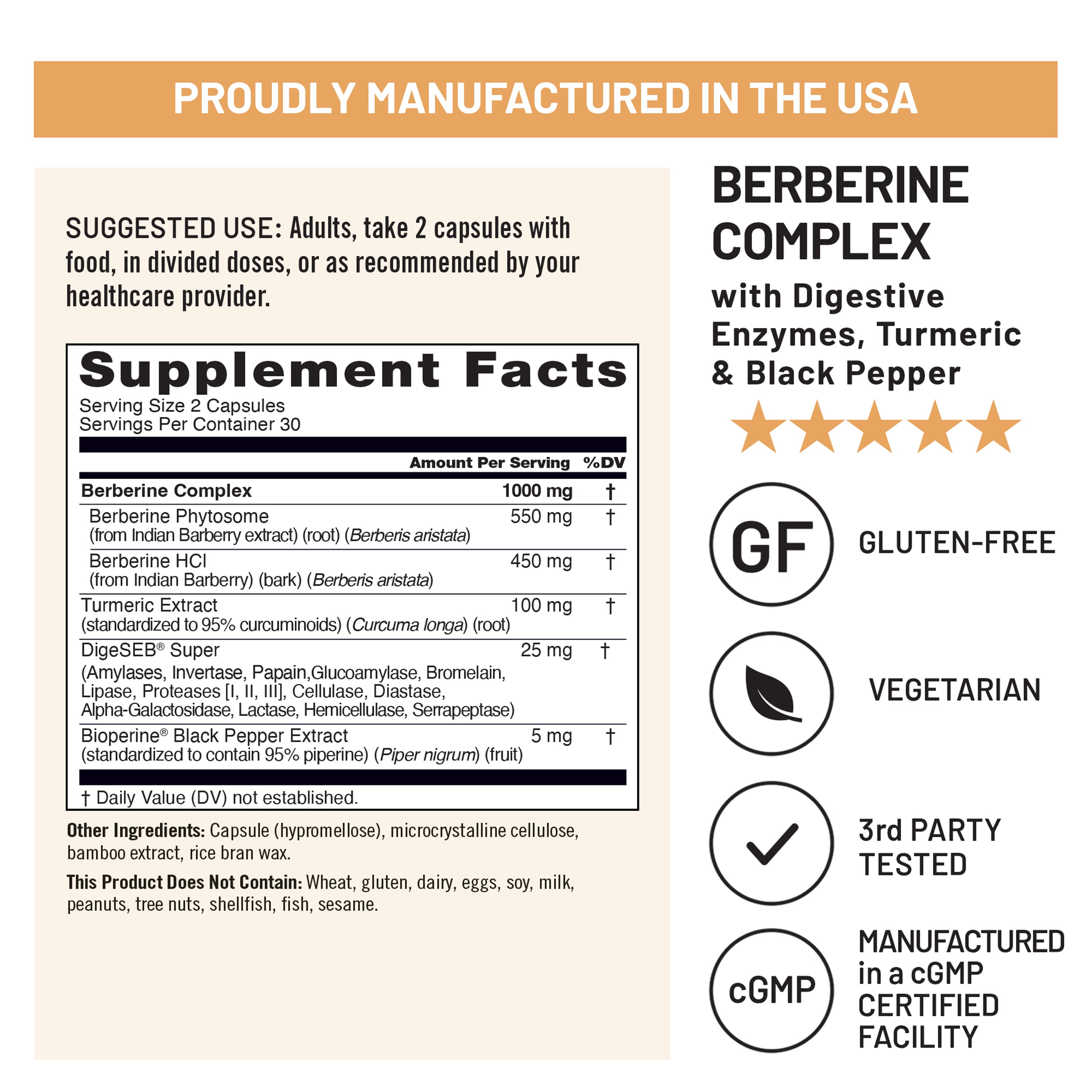 Supplement label for Berberine Complex with Digestive Enzymes, Turmeric, and Black Pepper, manufactured in the USA.