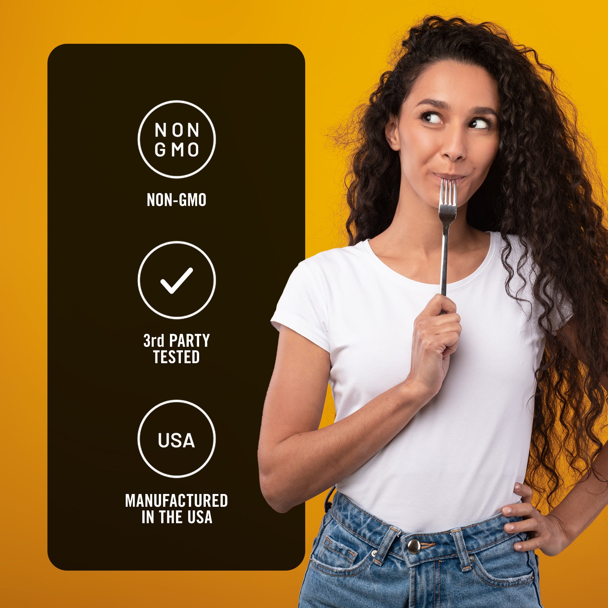 Woman holding a fork with a certification label on a yellow background