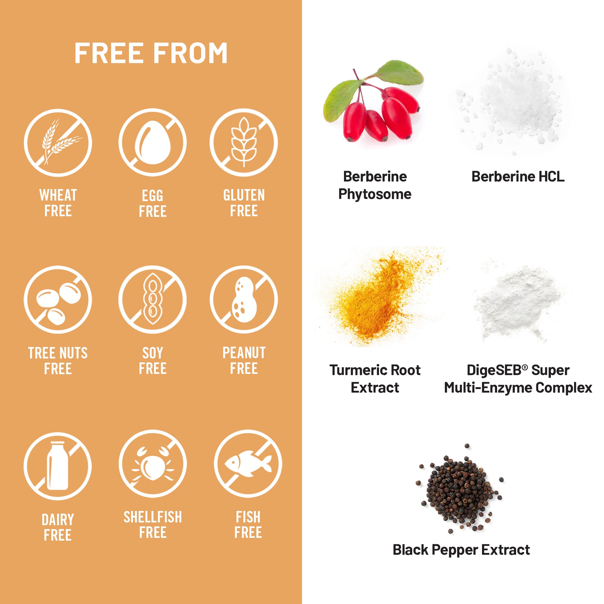 Product label with free-from allergen icons and health benefits on a white background.