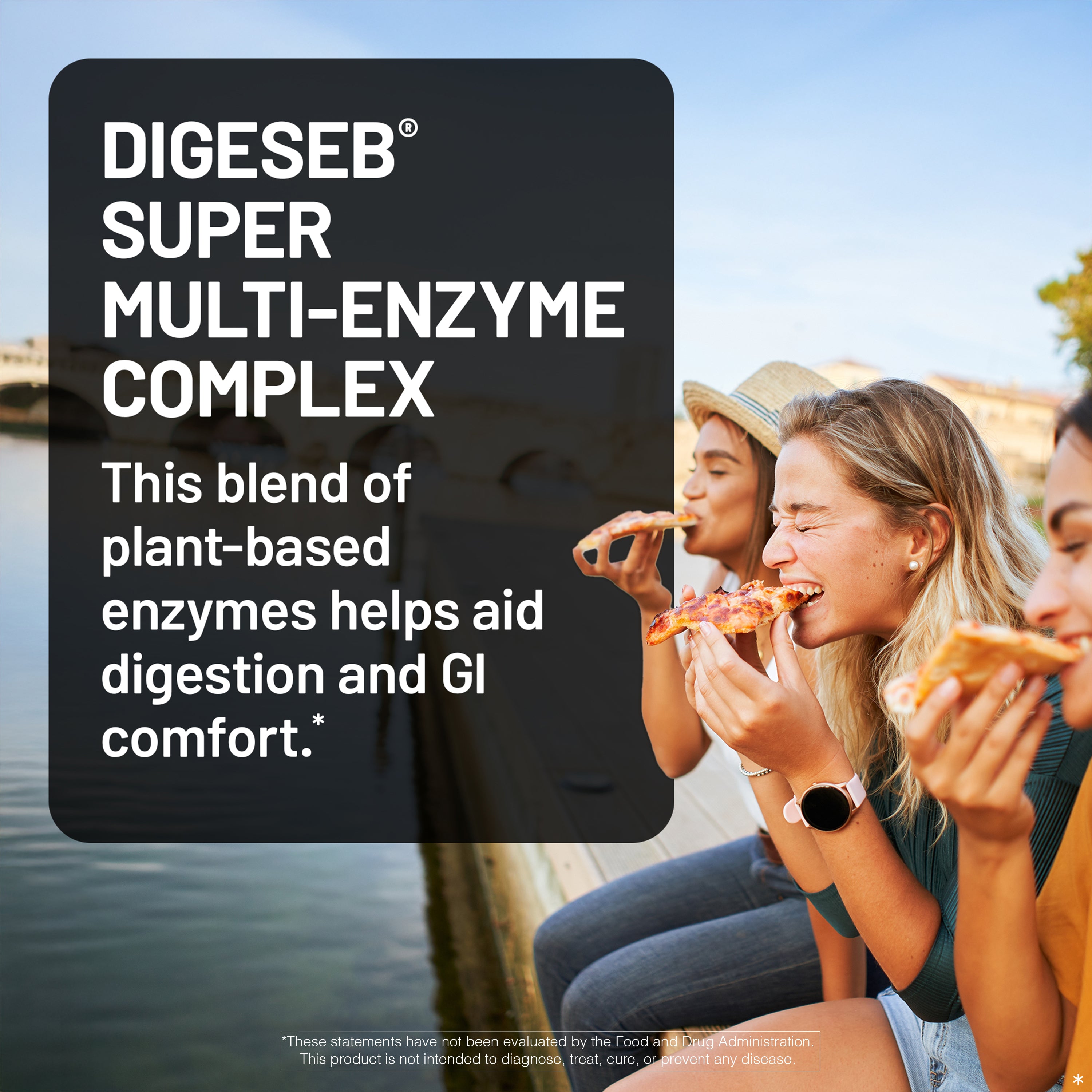 Three people eating pizza with a promotional text overlay for DigeSeb Super Multi-Enzyme Complex.