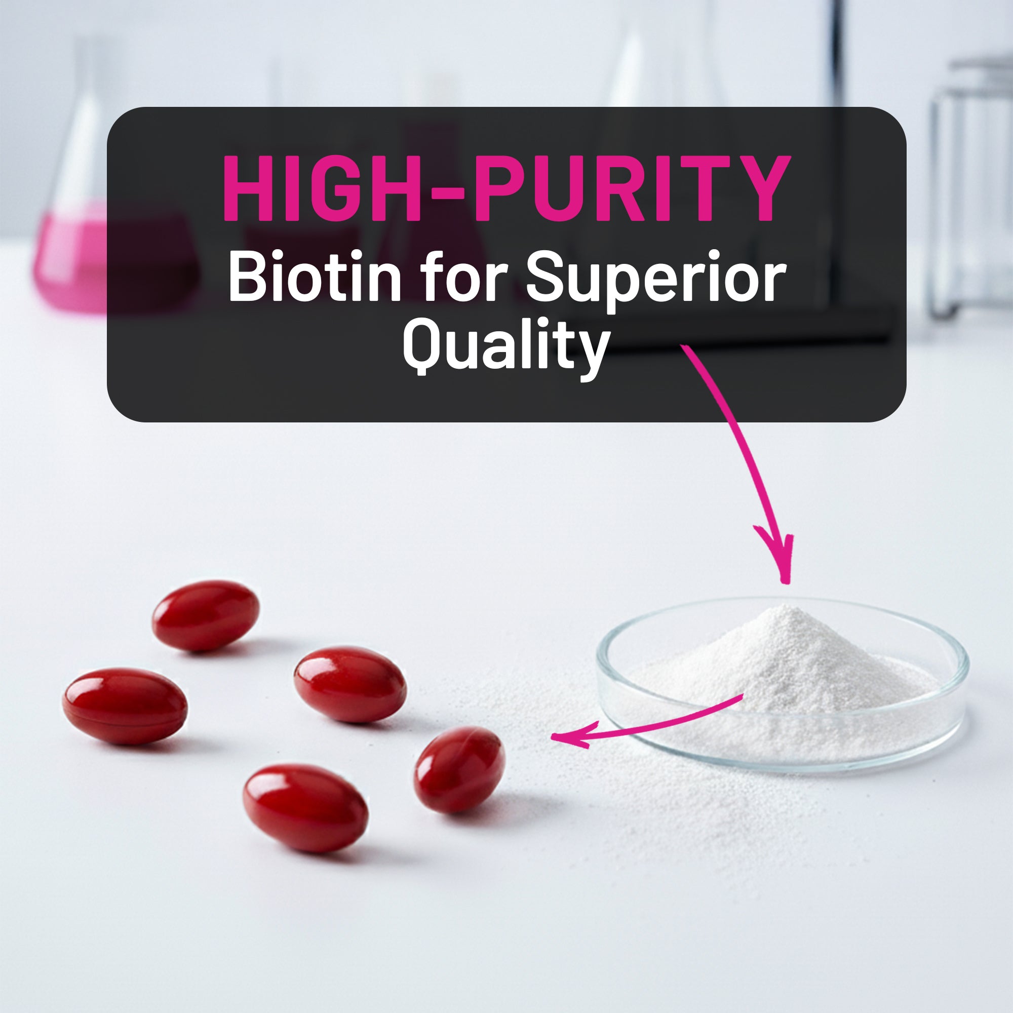Red biotin softgels and white powder with 'High-Purity Biotin for Superior Quality' text on a white background.