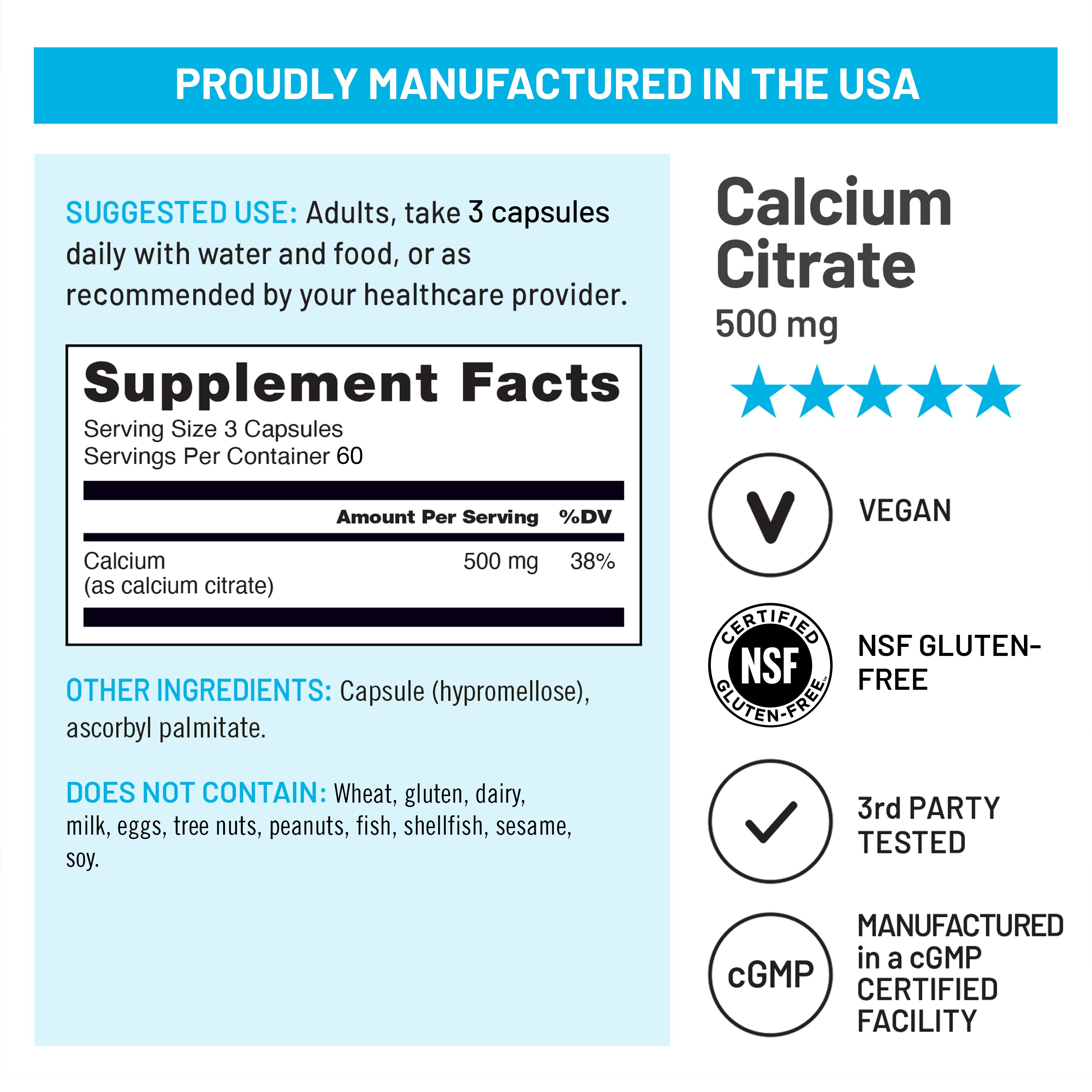 Supplement label for Calcium Citrate 500mg 180 capsules with certification logos and manufacturing details.