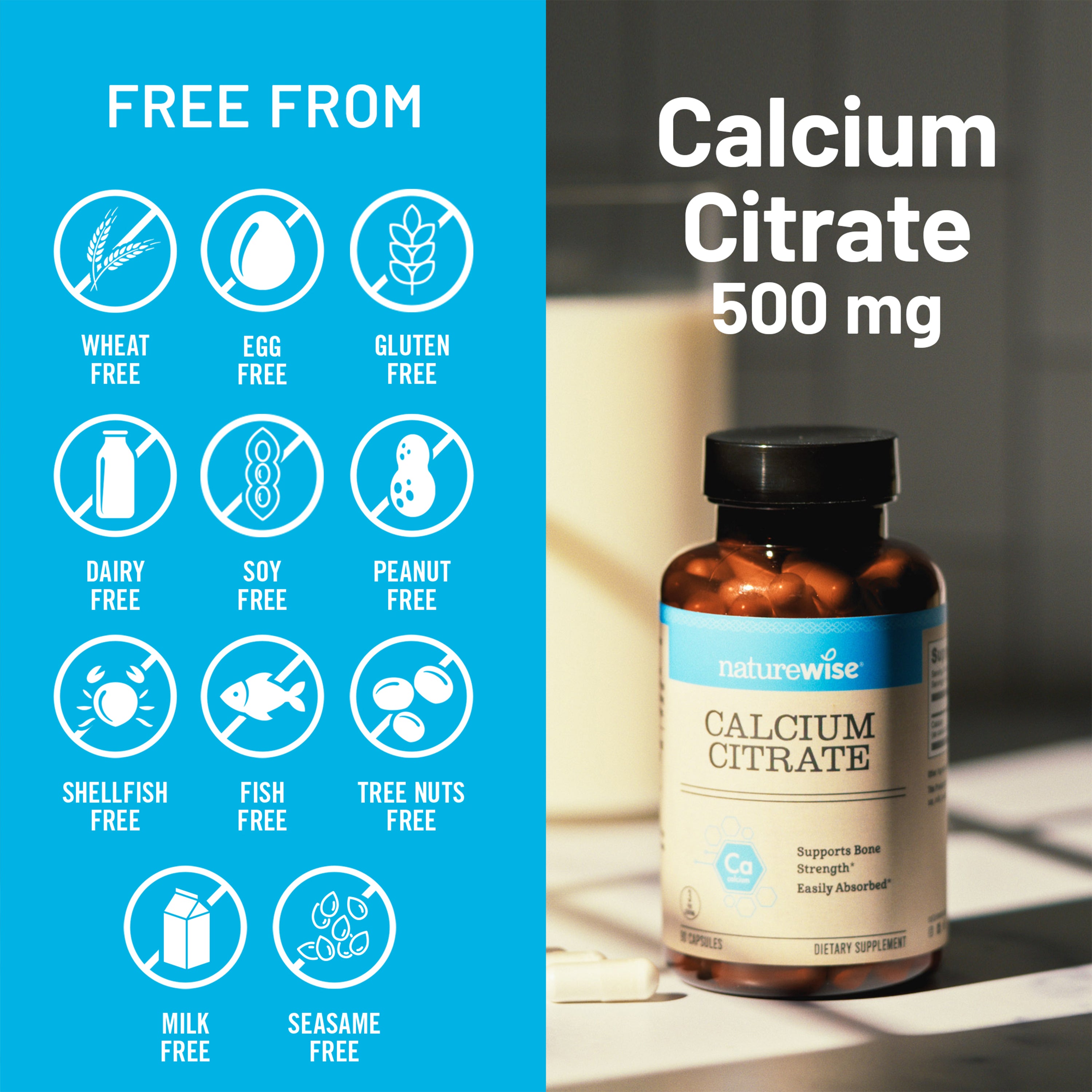 Bottle of Naturewise Calcium Citrate 500 mg supplement with free-from icons on a blue background.