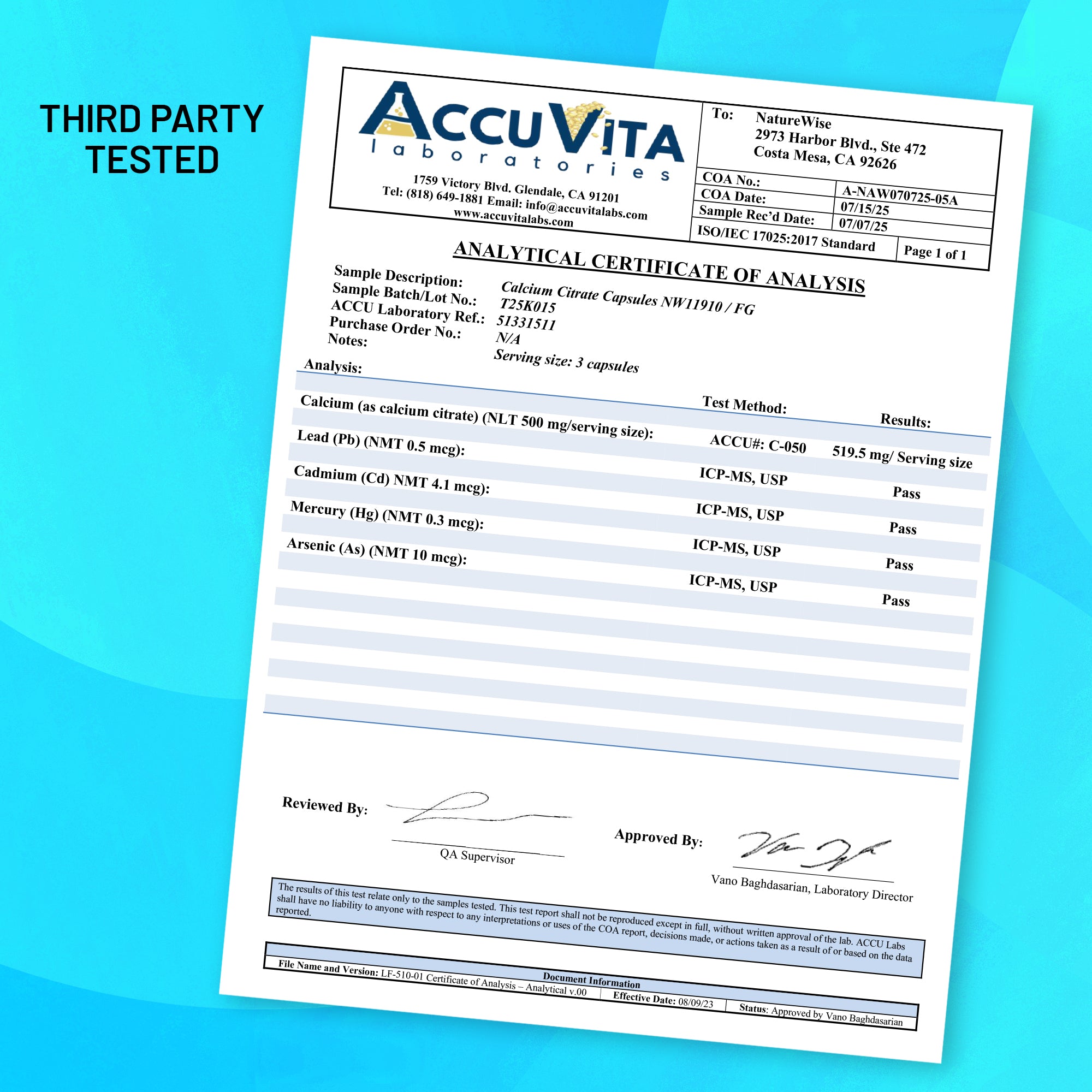 Certificate of Analysis for NatureWise Calcium Citrate Capsules