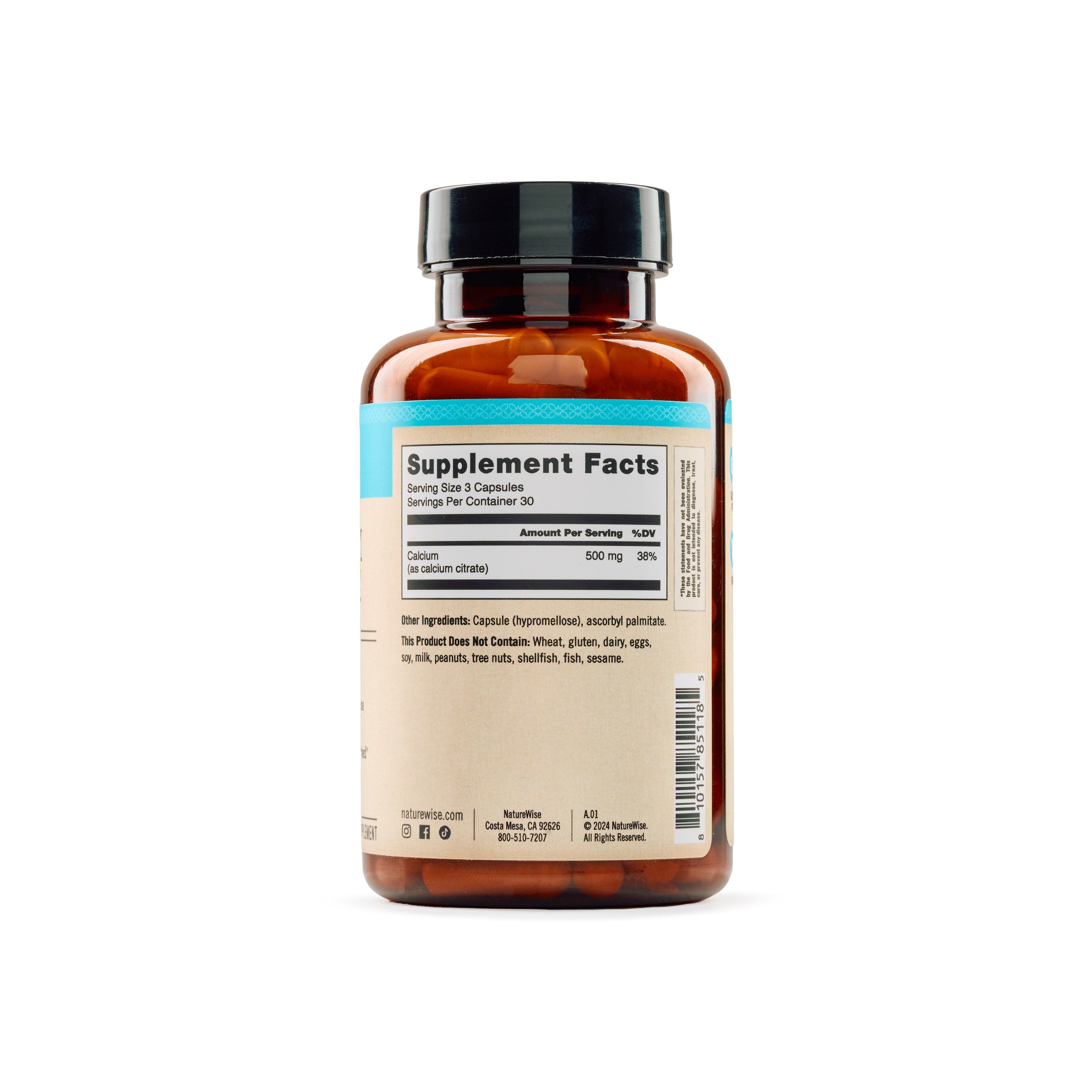 NatureWise Calcium Citrate supplement back of bottle showing the supplement facts.