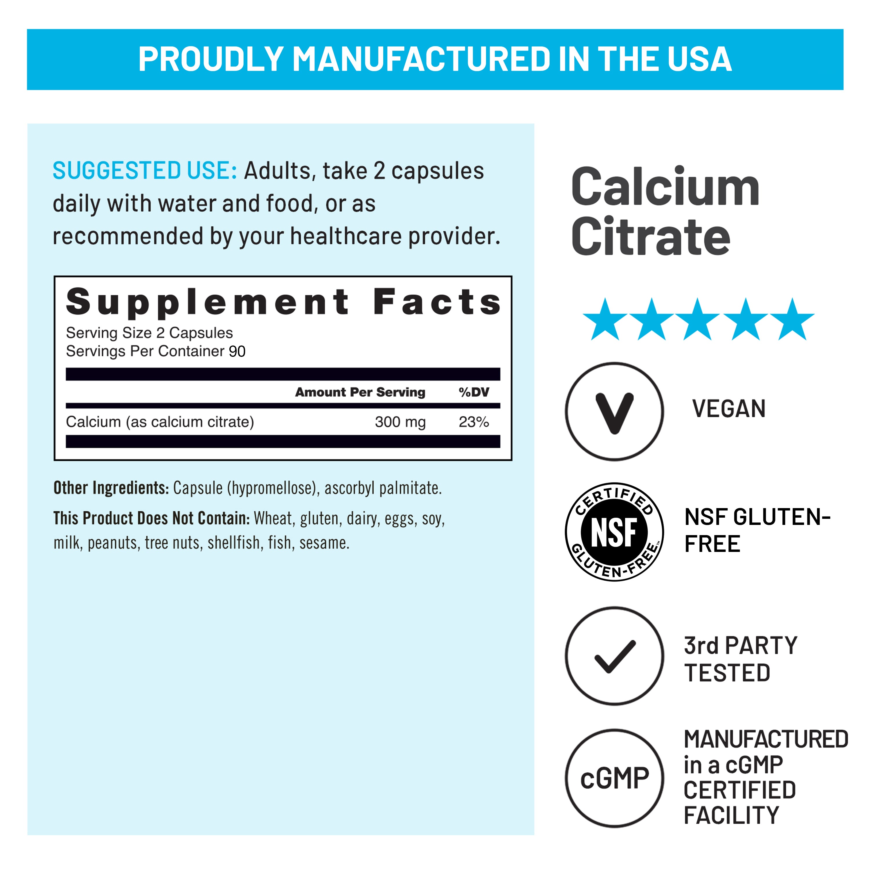 Supplement fact label for NatureWise Calcium Citrate 180 Capsules with certification logos and manufacturing details.