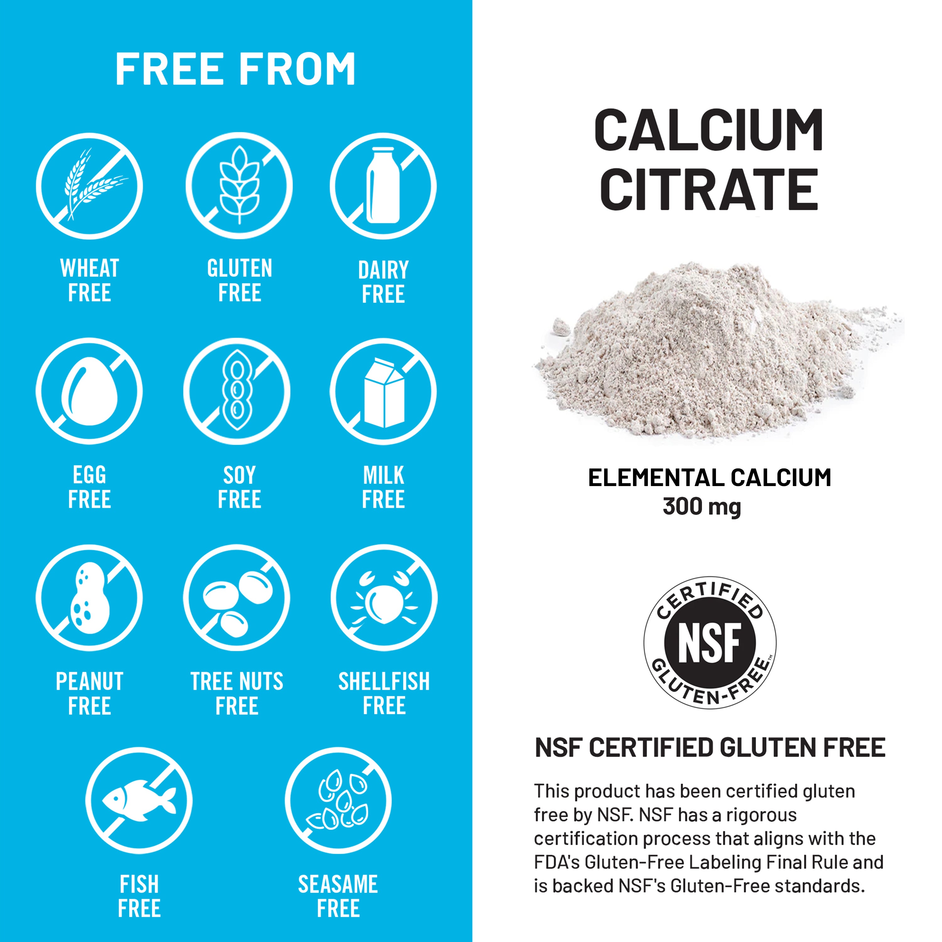 Product information card for calcium citrate capsules, highlighting free-from attributes and NSF certification.