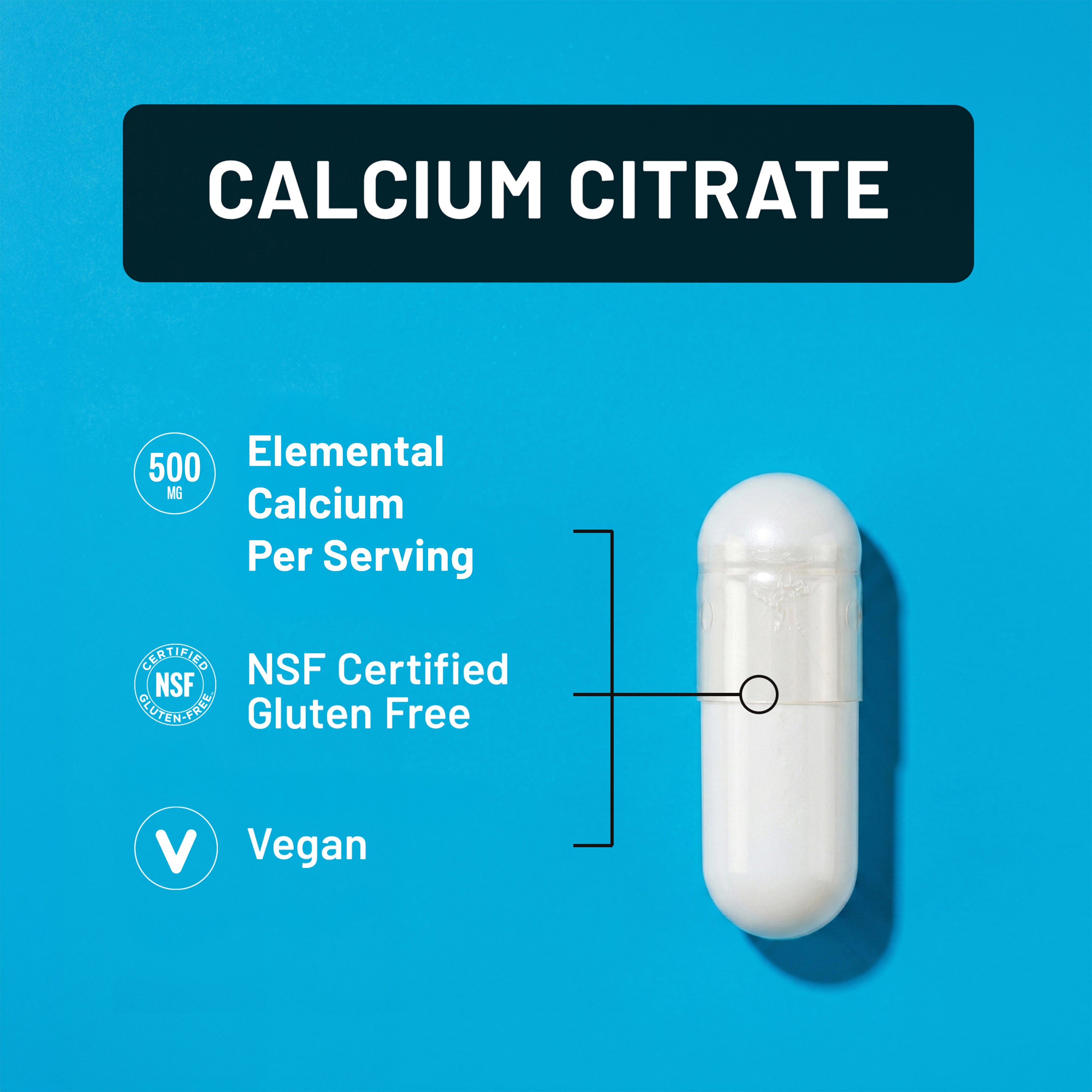 Calcium citrate supplement capsule with nutritional information and NSF Certified Gluten Free on a blue background