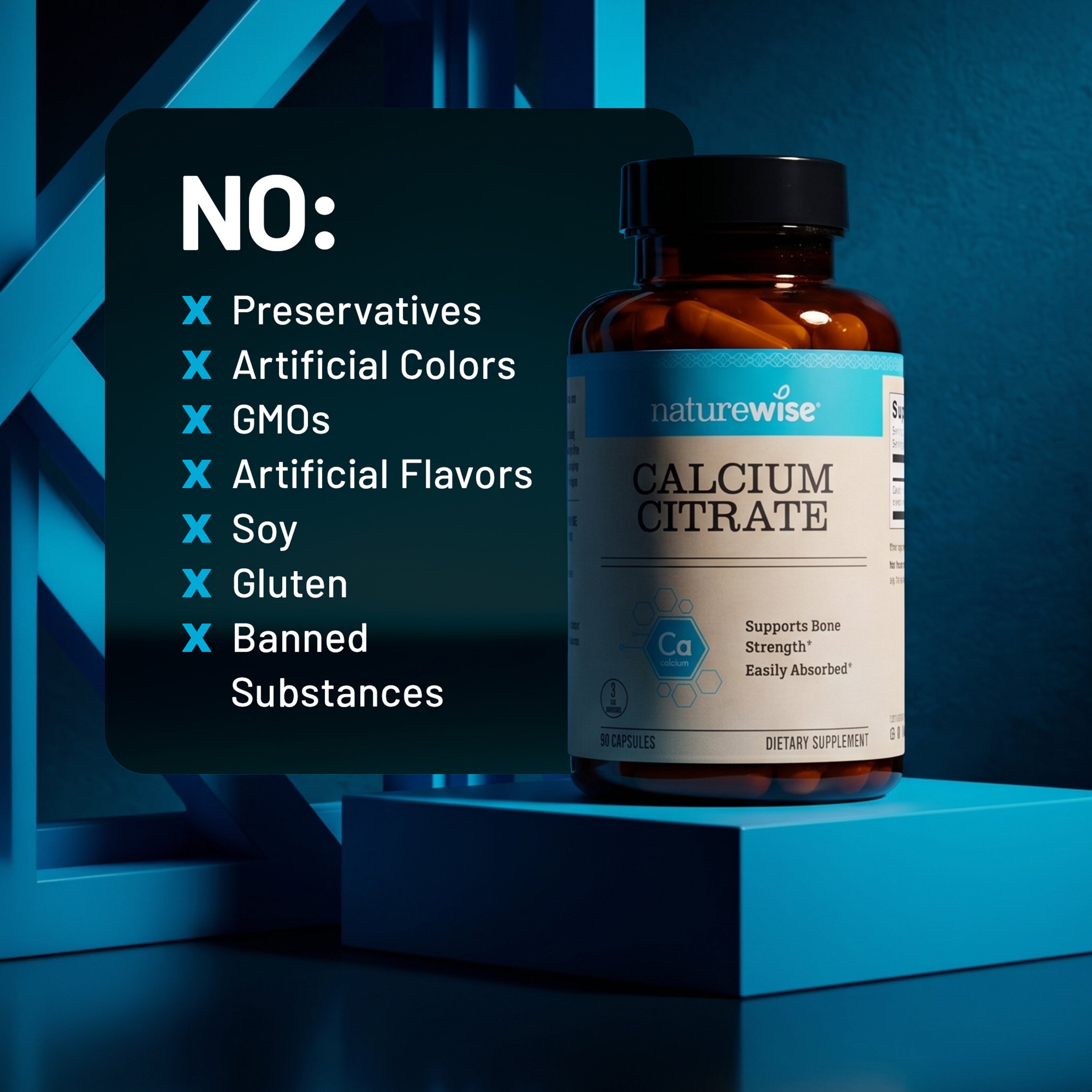 Naturewise Calcium Citrate supplement bottle with a list of no ingredients on a blue geometric background