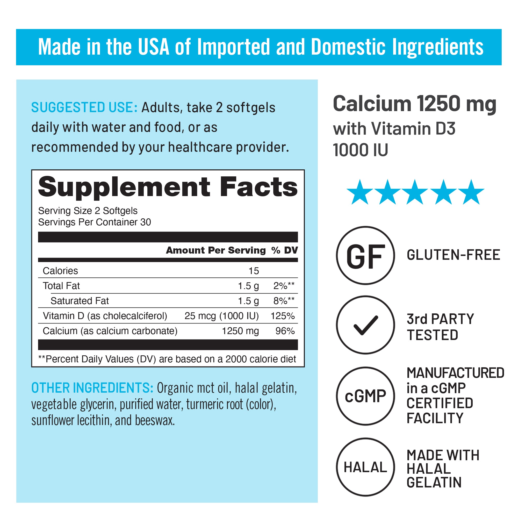 Calcium supplement label with calcium and vitamin D3 information on a blue background