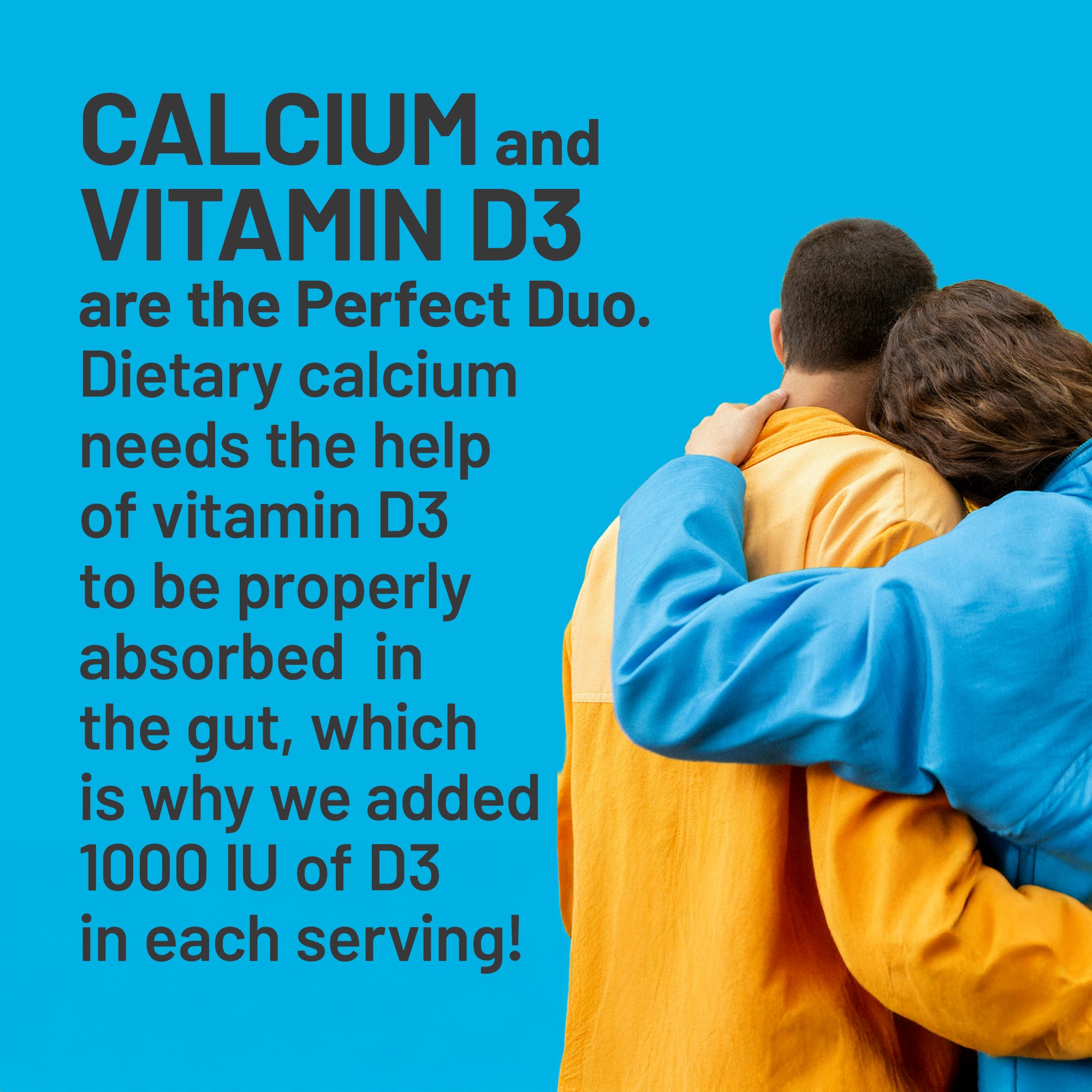 Two people hugging with text about calcium and vitamin D3 on a blue background