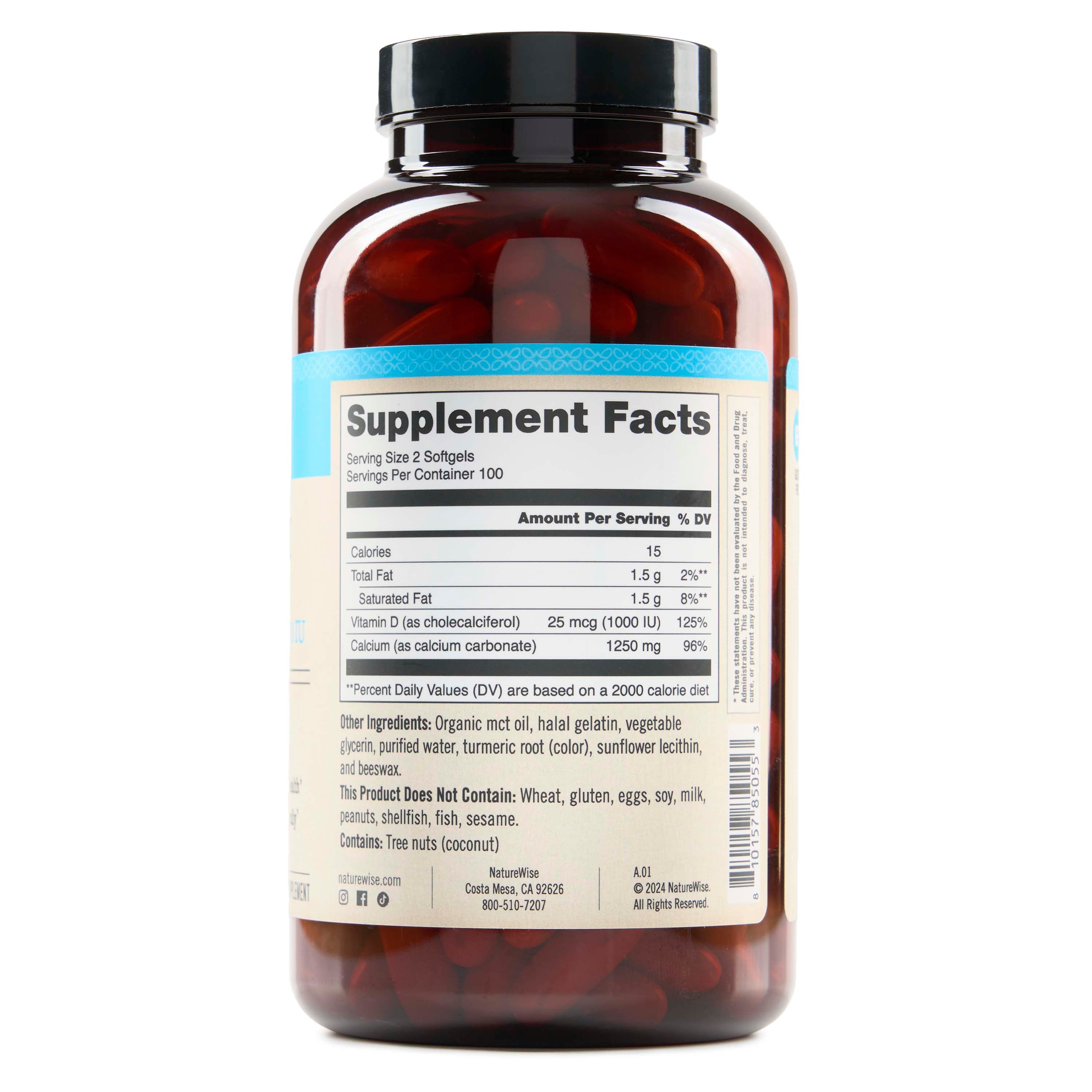 NatureWise Calcium supplement bottle showing supplement facts on a white background