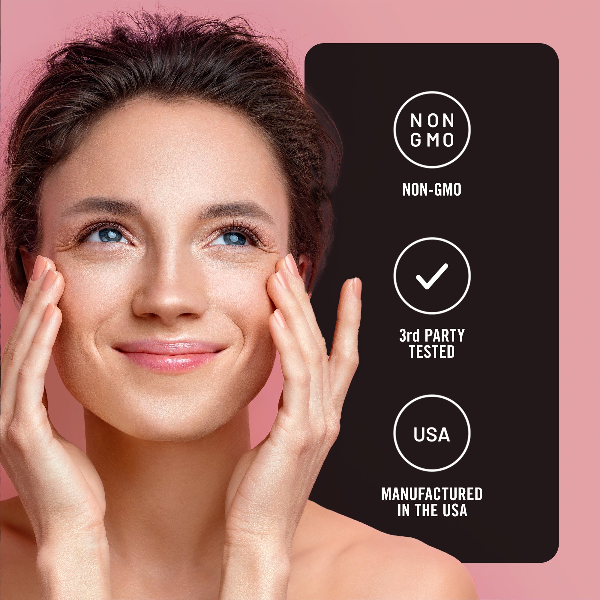 Woman touching her face with a black card displaying certification icons on a pink background