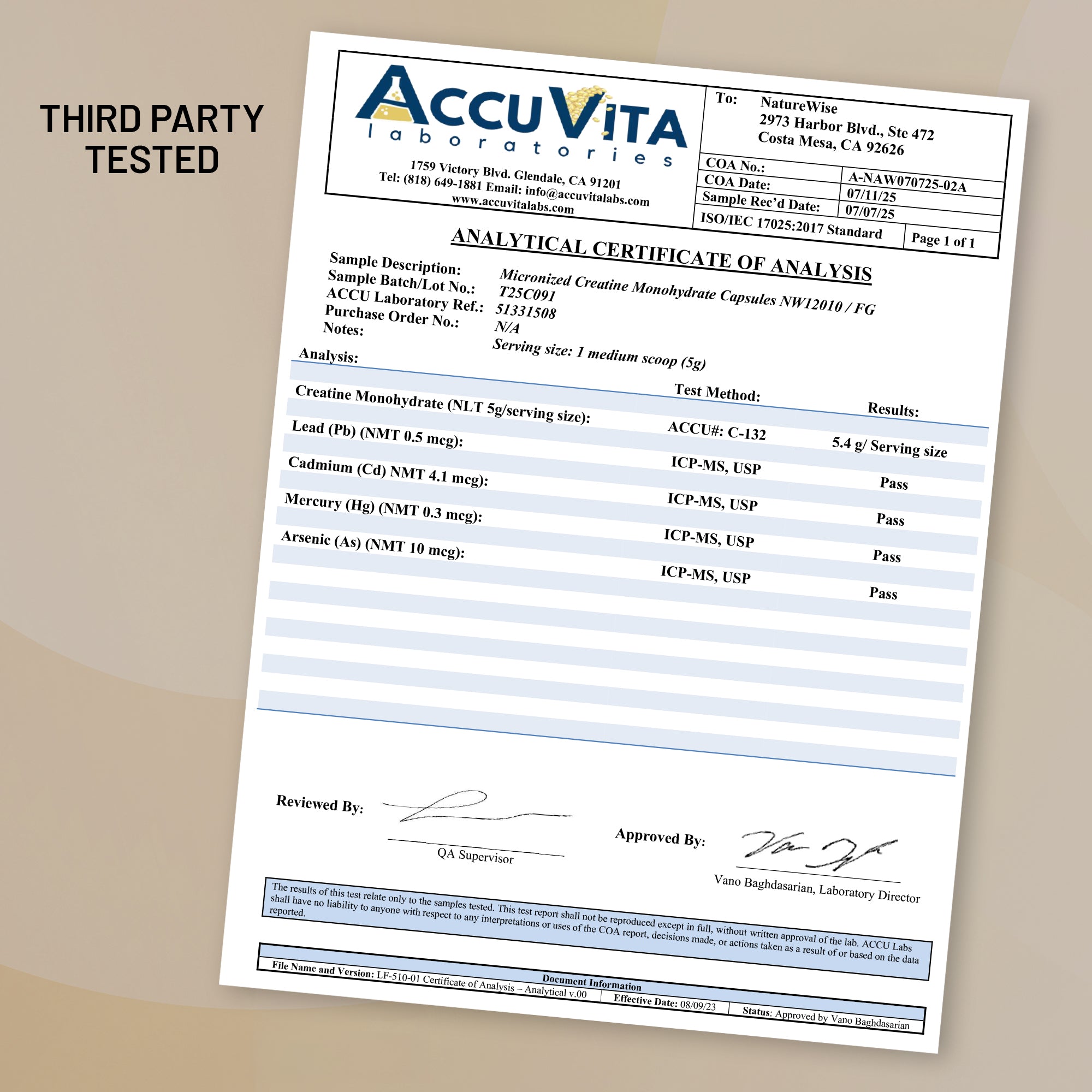 Certificate of Analysis for NatureWise Creatine Monohydrate Powder