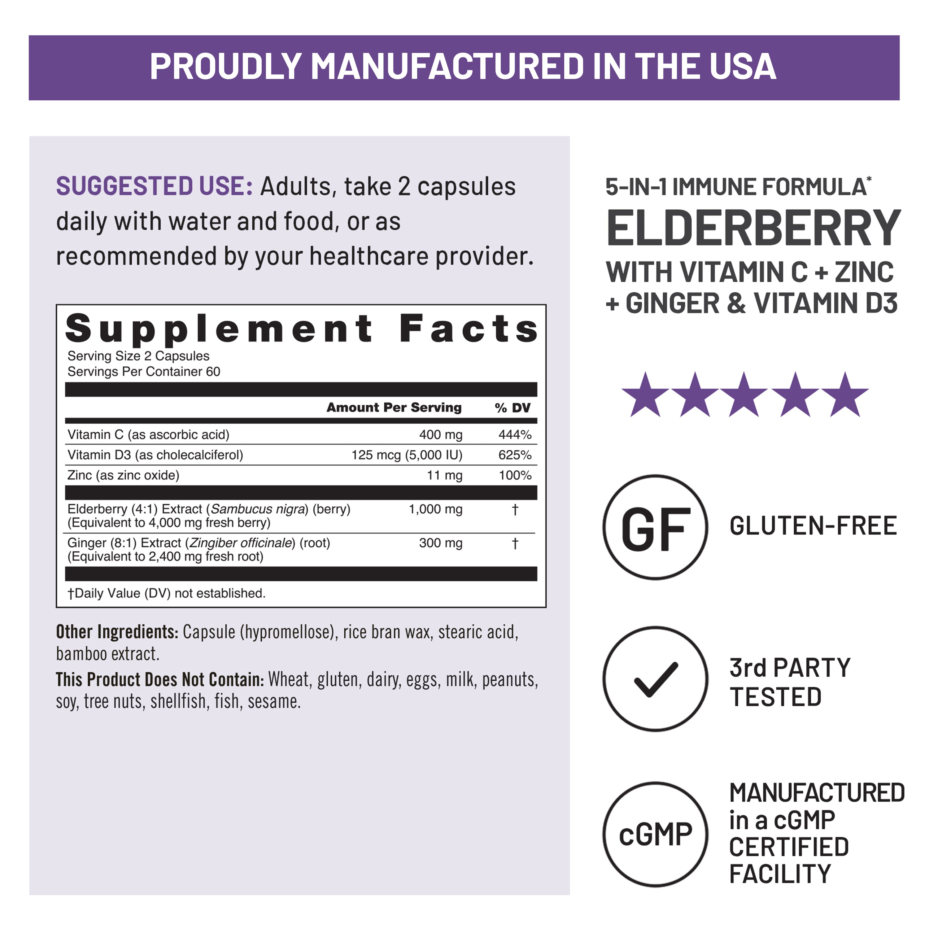 NatureWise 5-in-1 Elderberry supplement label with ingredients, usage, and certification details on a white background