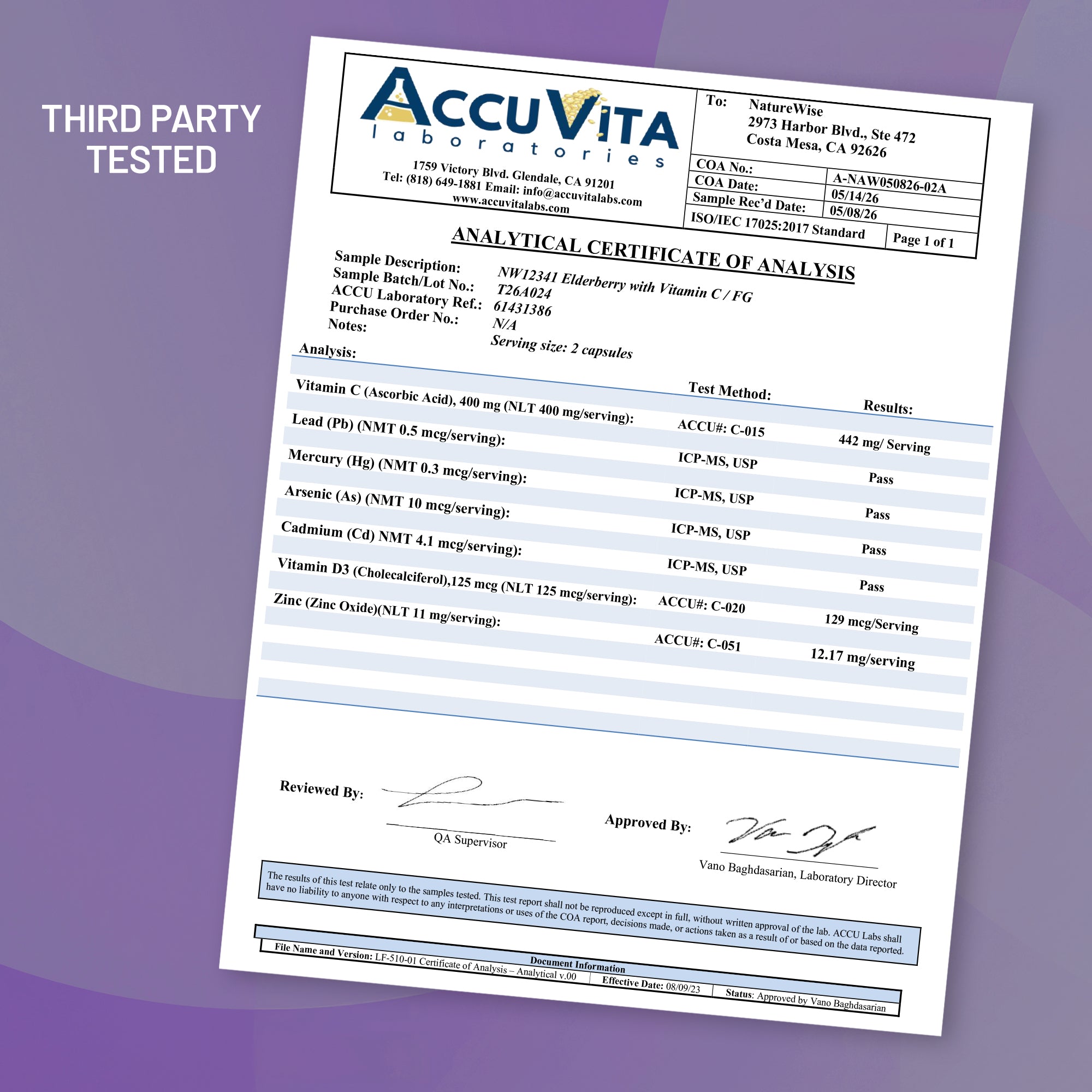 NatureWise 5-in-1 Elderberry supplement Analytical Certificate of Analysis from AccuVita Laboratories on a purple background