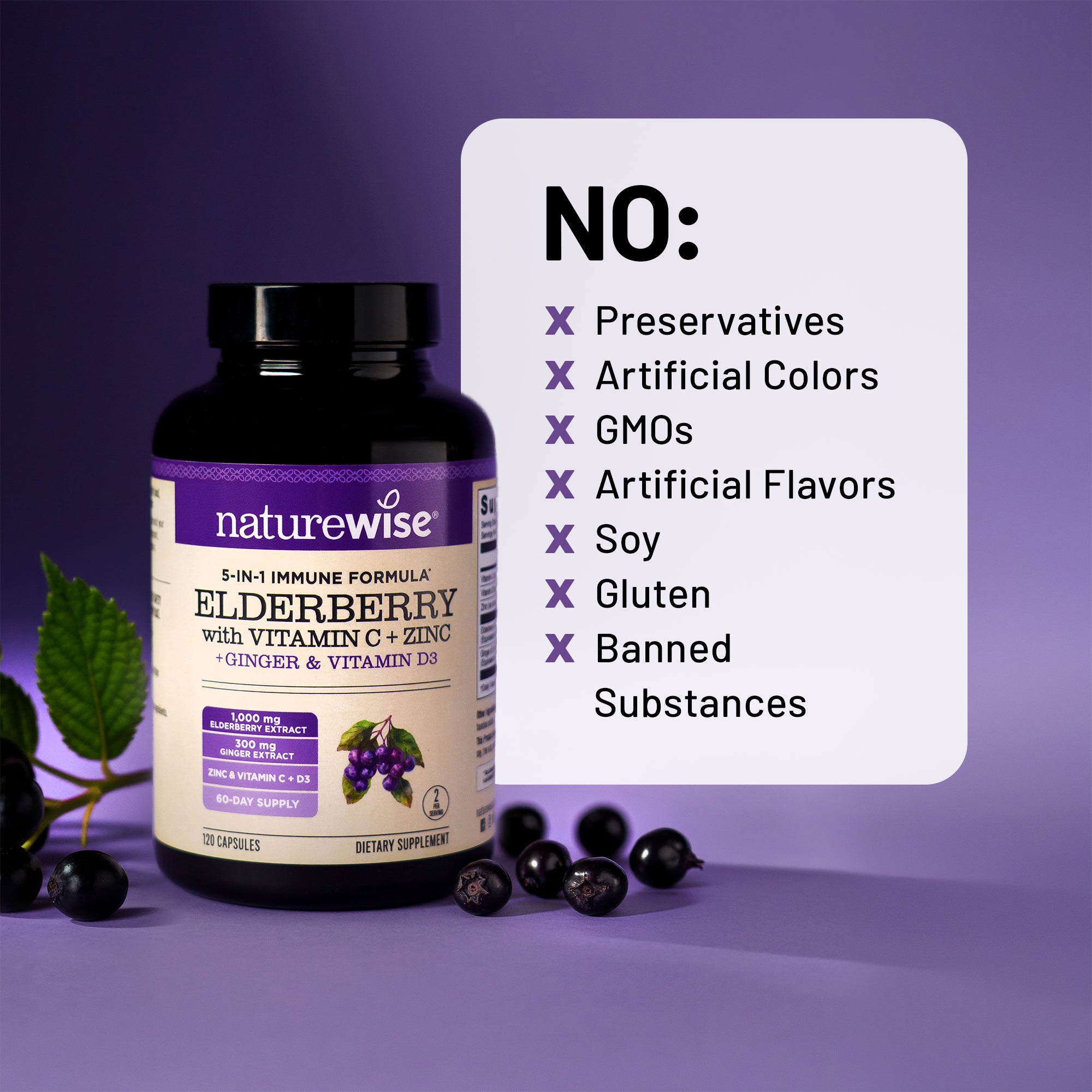 Naturewise elderberry supplement bottle with a list of no ingredients on a purple background