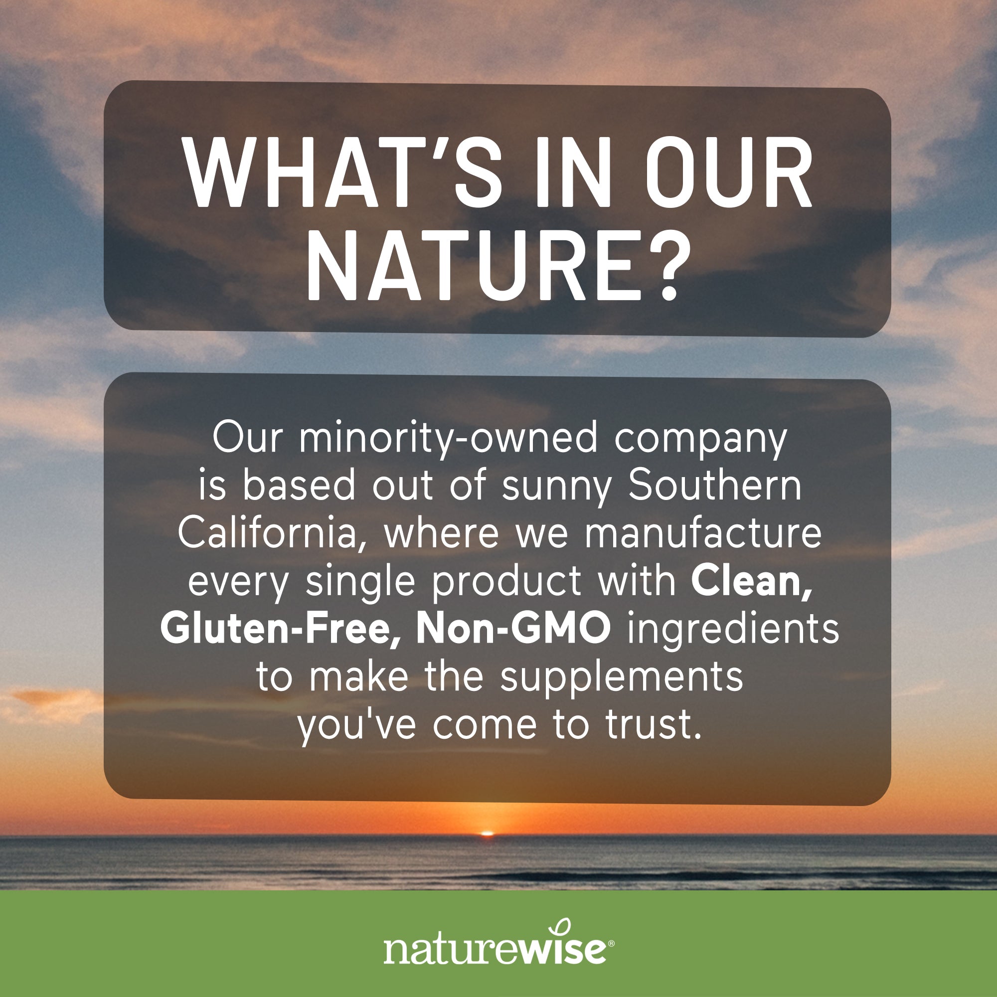 Promotional graphic for a supplement brand with text about product ingredients and location, set against a sunset over water.