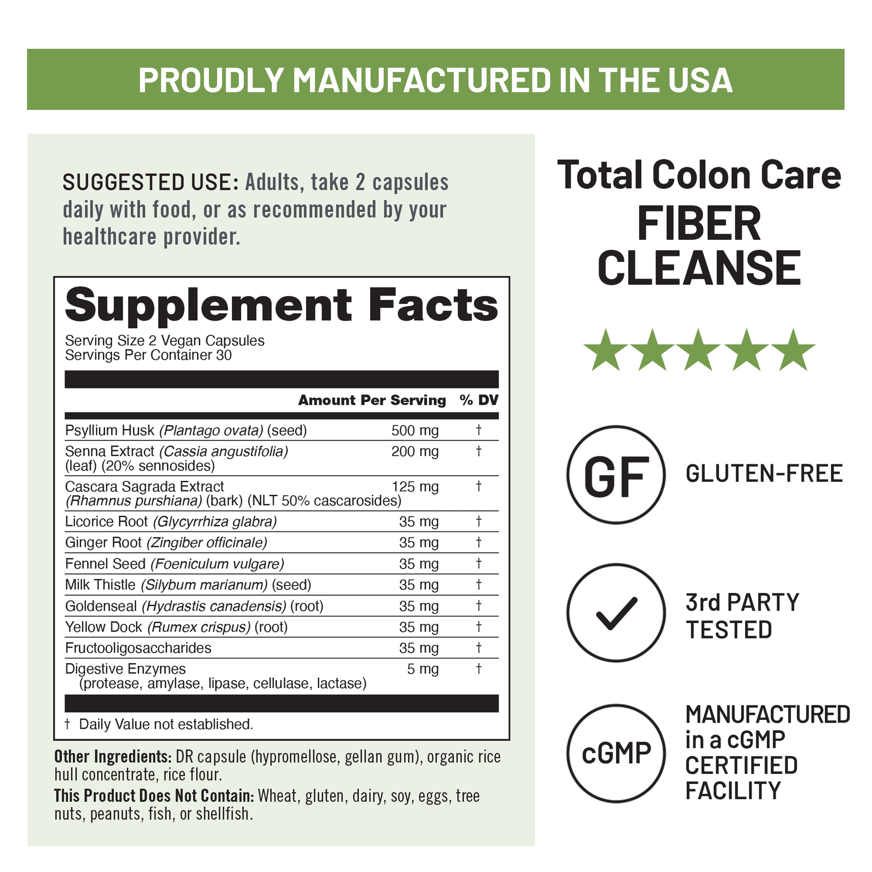 Supplement label for Total Colon Care Fiber Cleanse with supplement facts and product details.