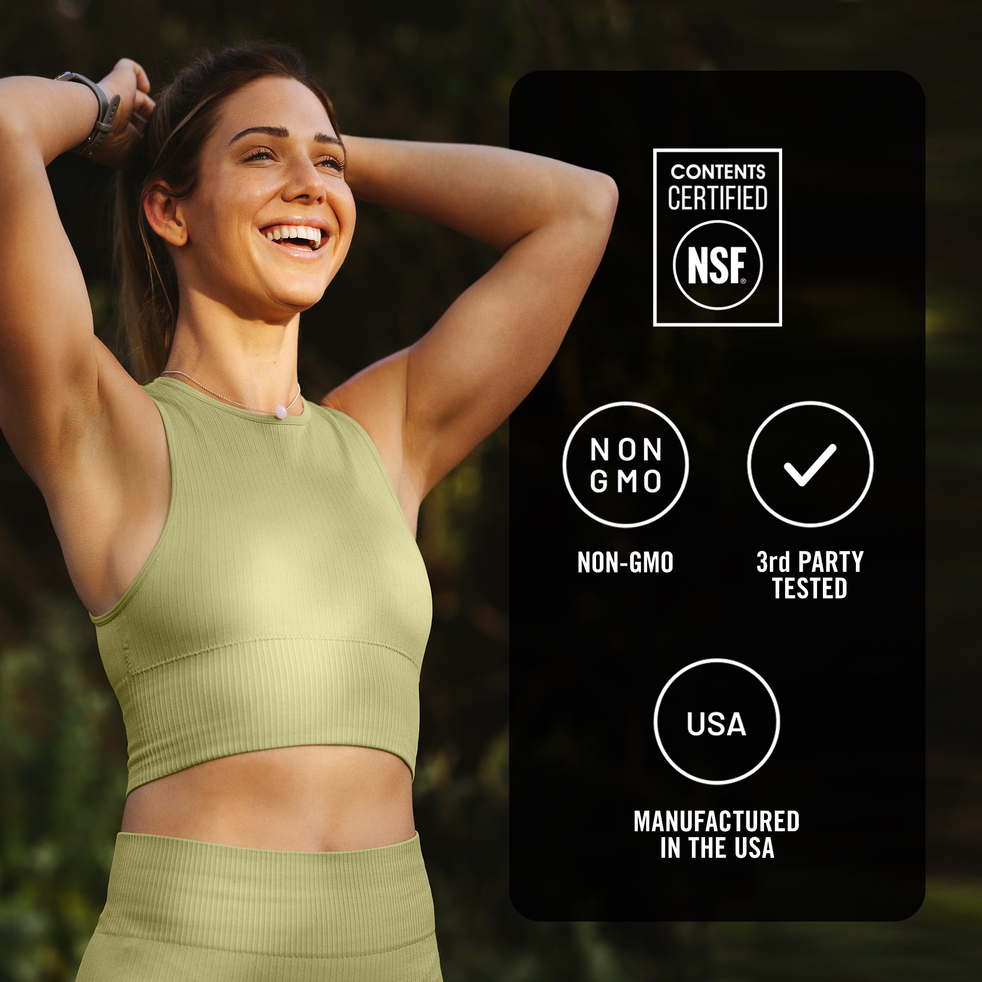 Woman in green athletic wear with NSF certification label on a dark background