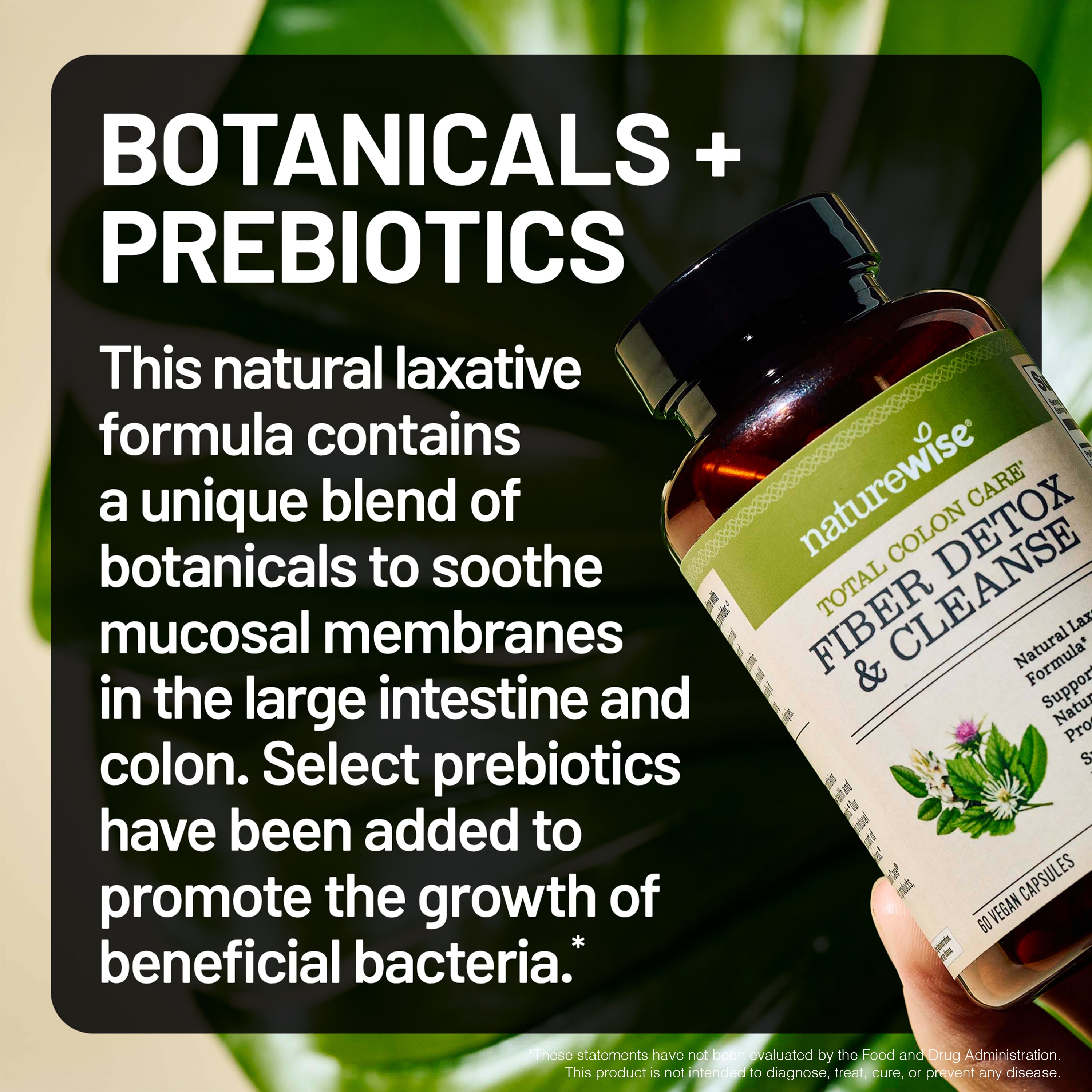 NatureWise fiber detox and cleanse supplement bottle with text about botanicals and prebiotics.