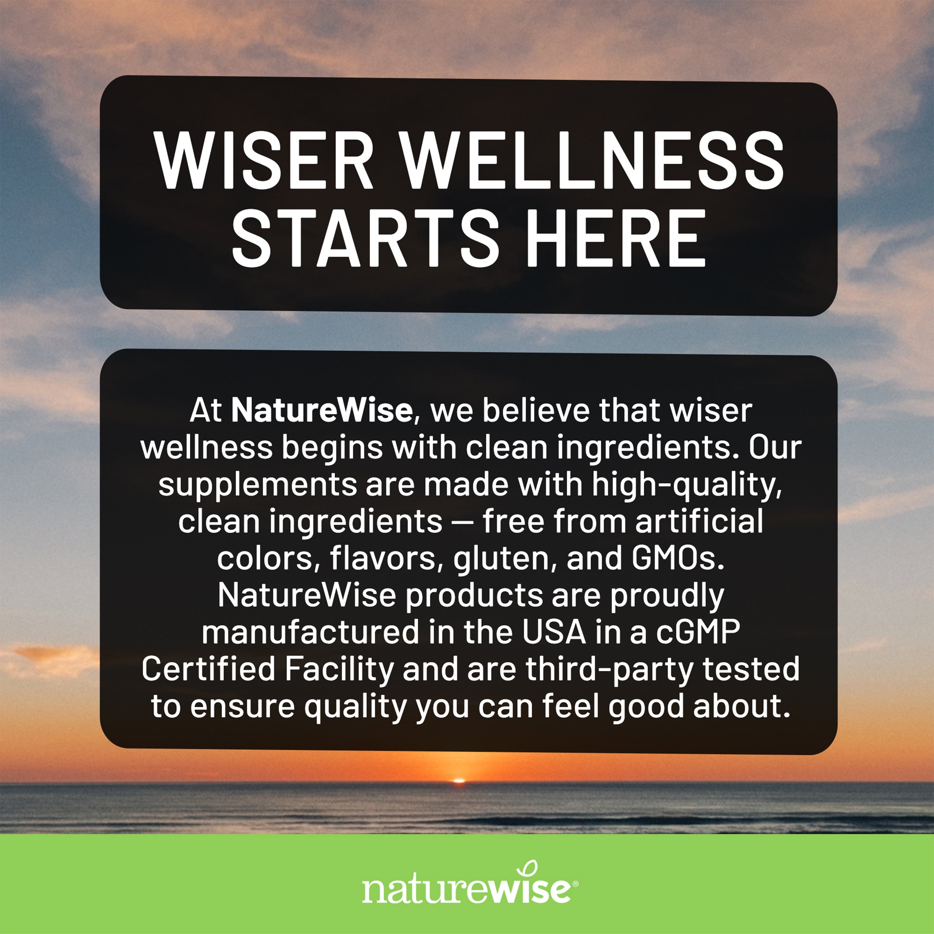 NatureWise advertisement with text about clean ingredients and product quality on a beach sunset background.