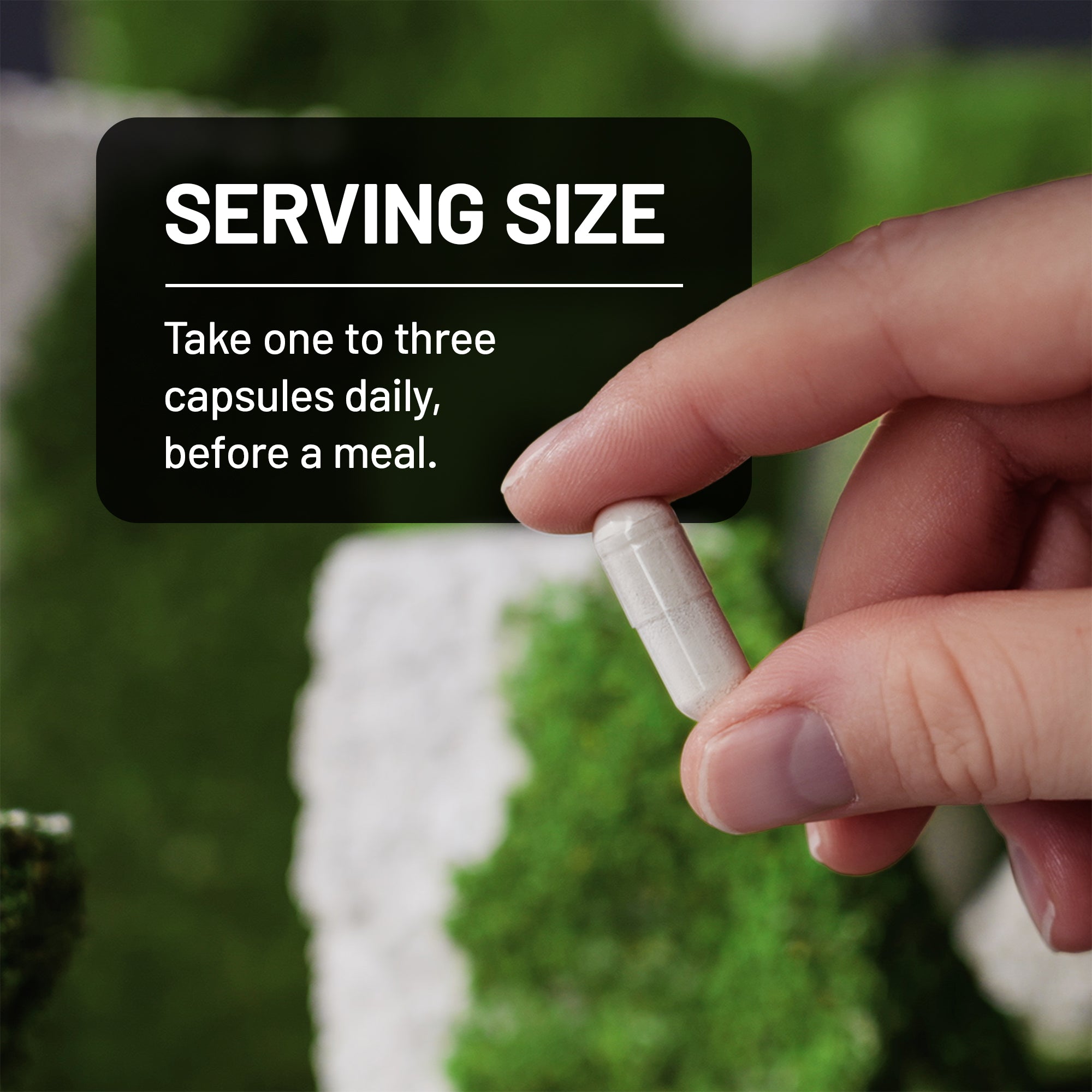 Hand holding a capsule with dietary supplement information text overlay